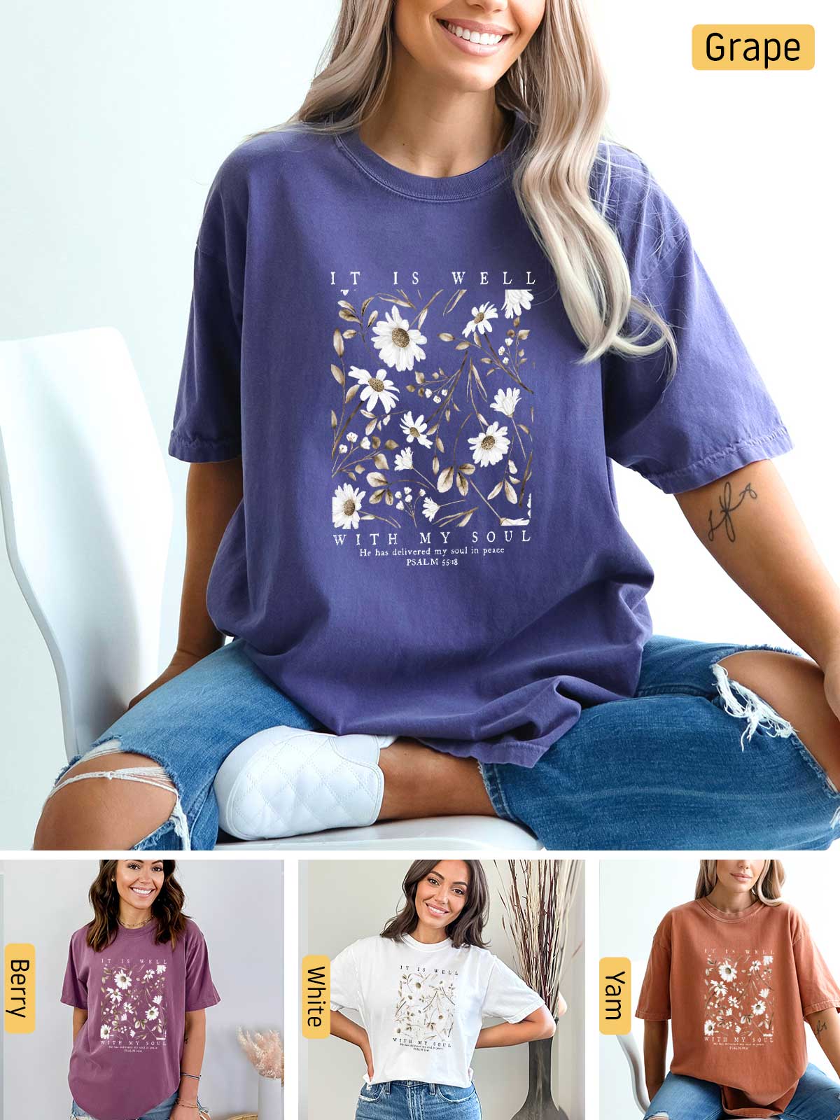 a woman wearing a t - shirt with flowers on it