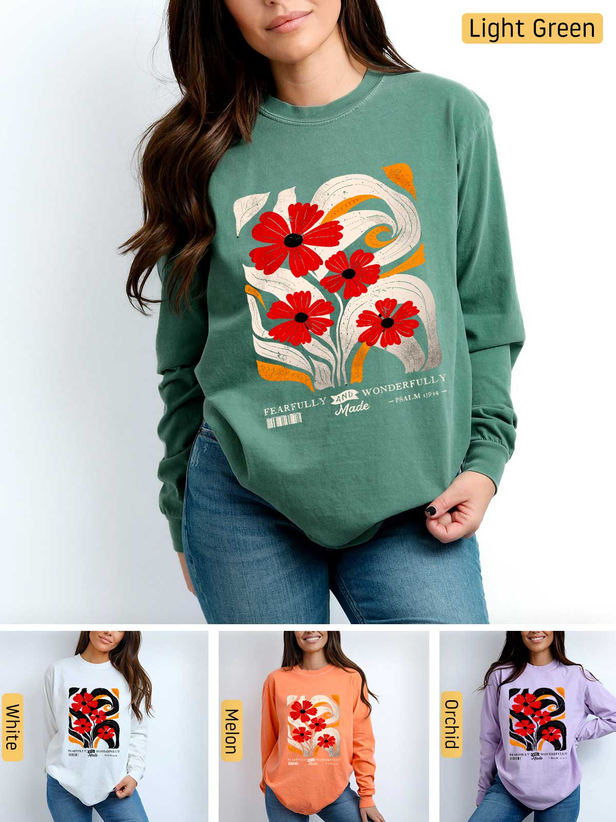 a woman wearing a sweatshirt with flowers on it