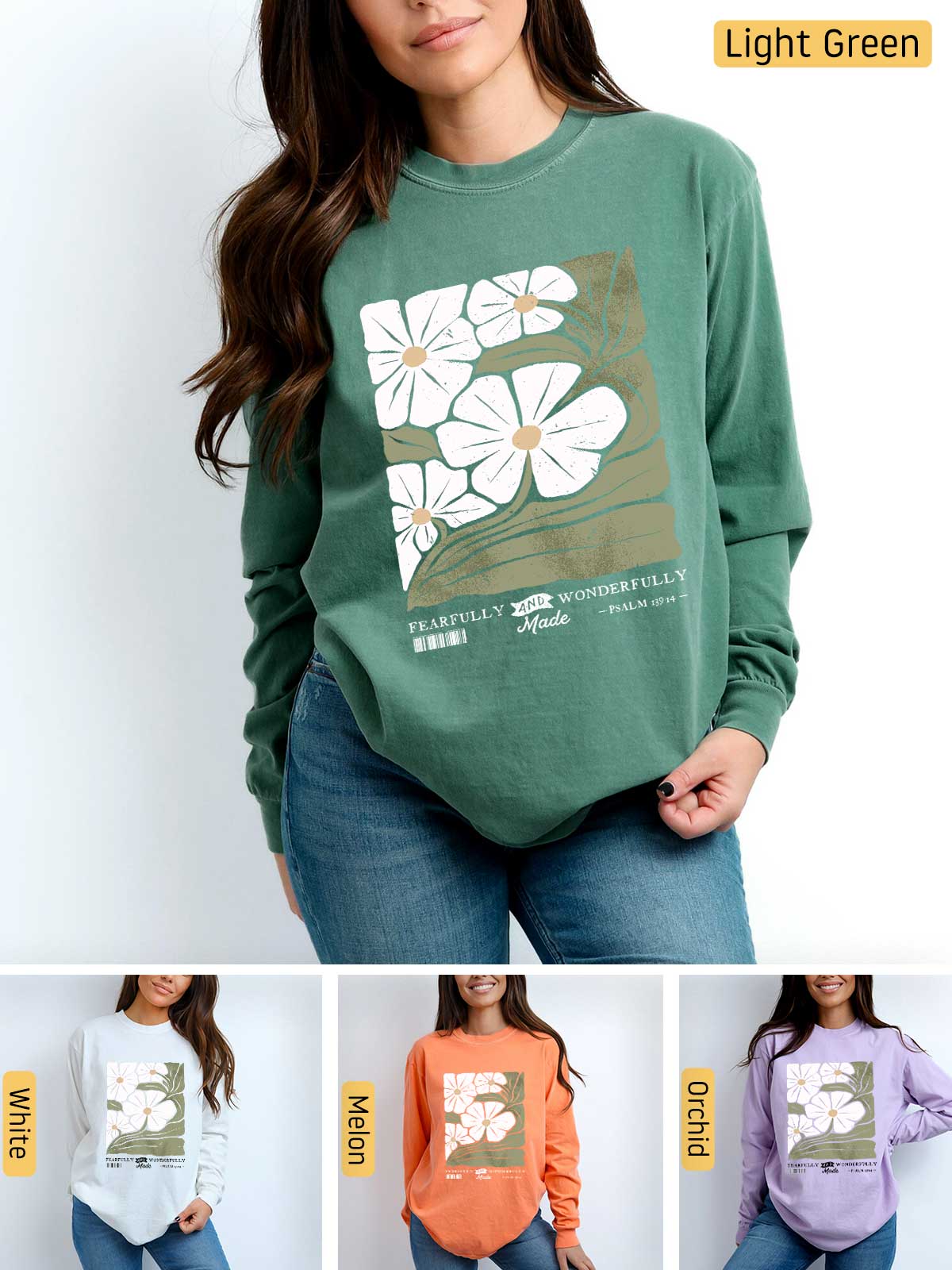 a woman wearing a sweatshirt with flowers on it