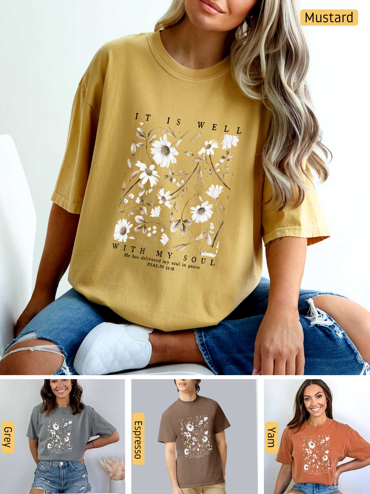 a woman wearing a mustard colored t - shirt with flowers on it