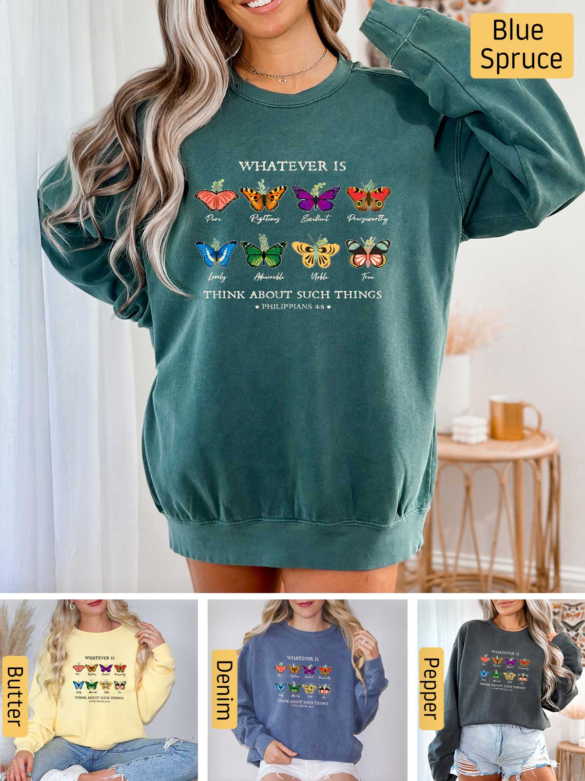 a woman wearing a sweatshirt that says whatever is butterfly on it