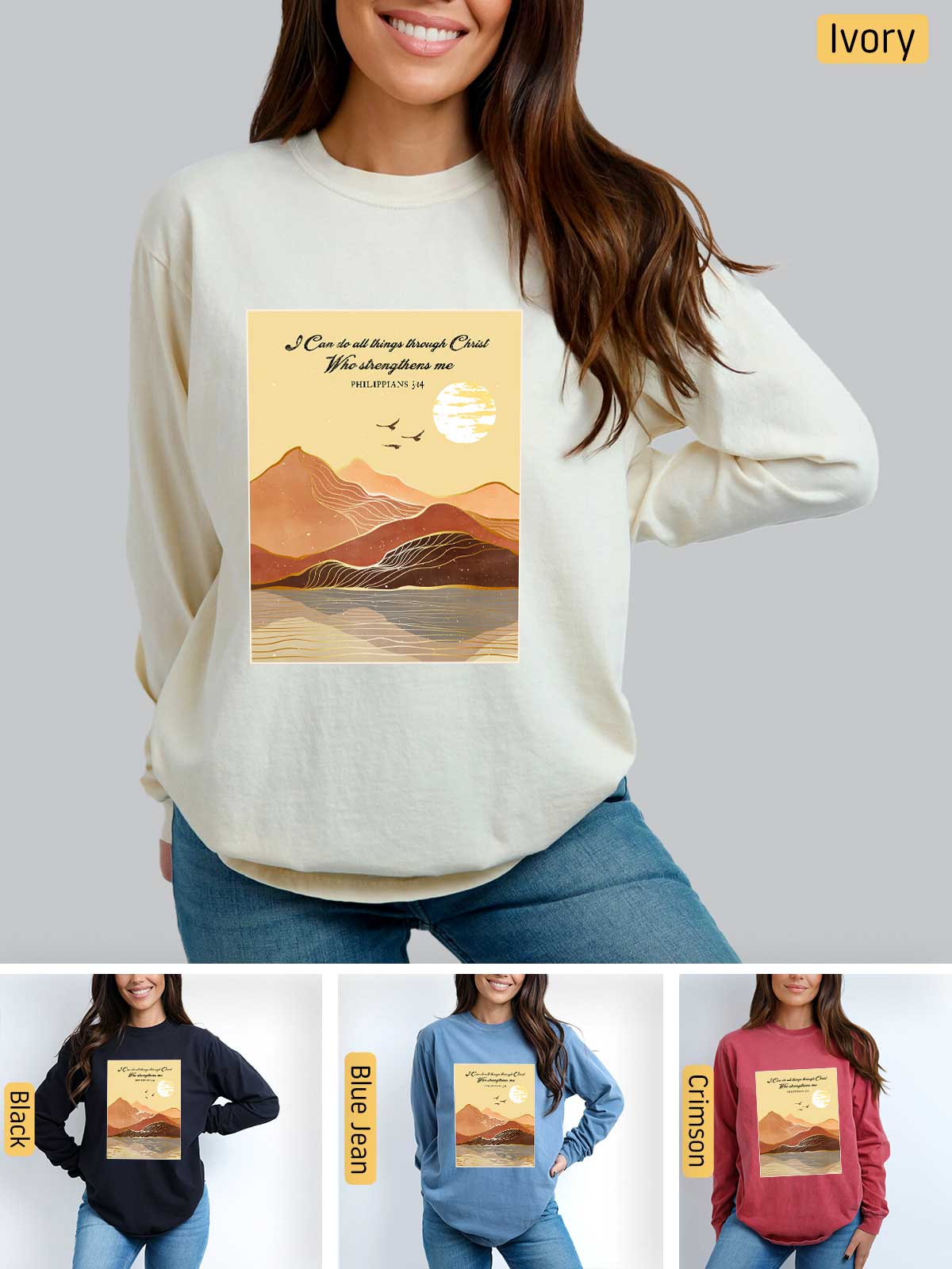 a woman wearing a sweatshirt with a picture of mountains on it