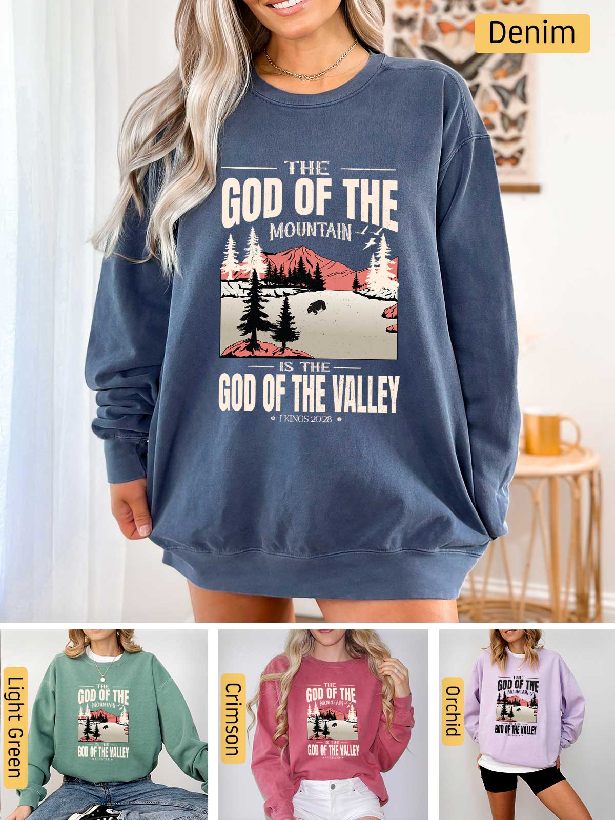 a woman wearing a sweatshirt with the words god of the mountains on it