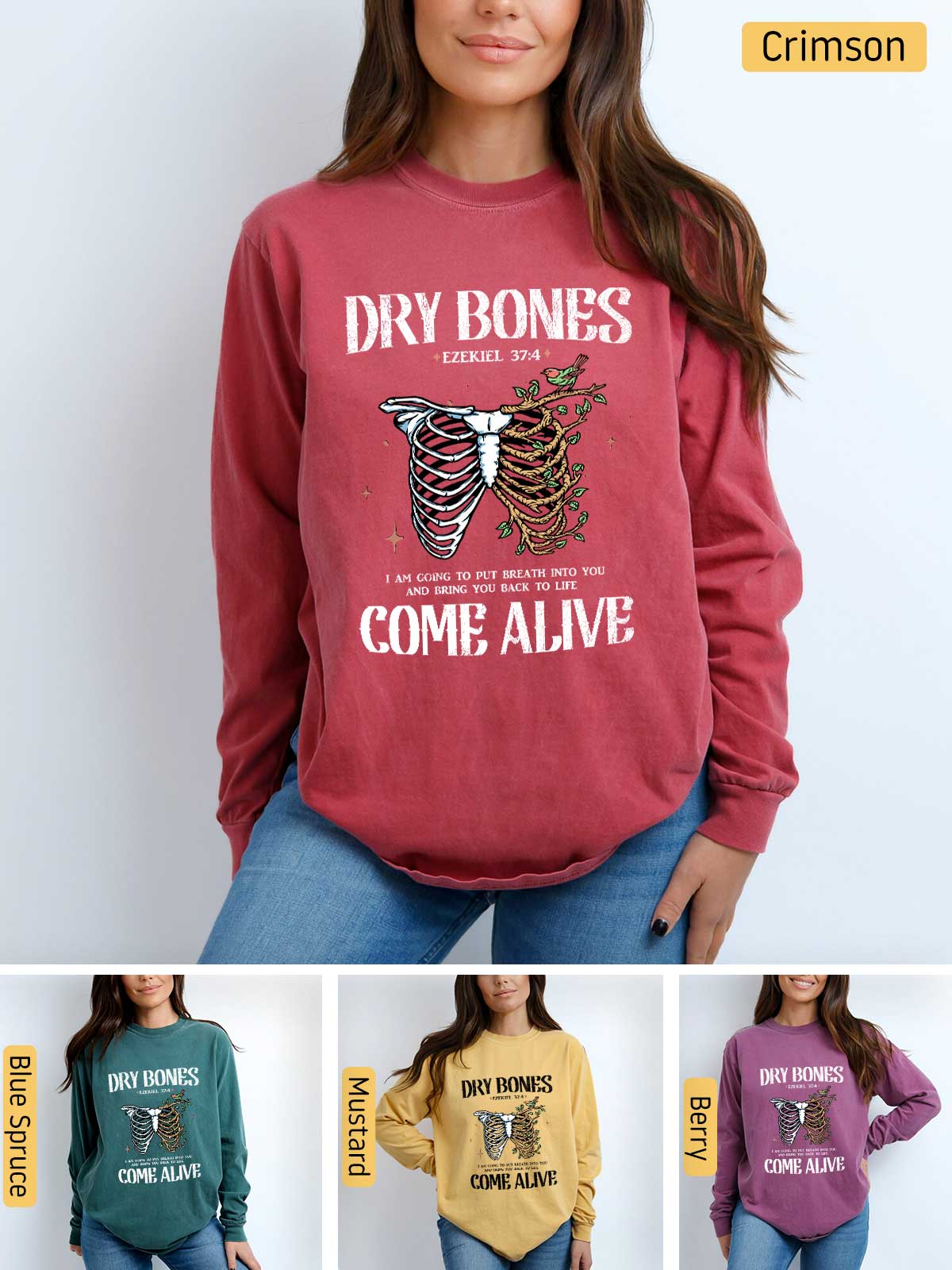 a woman wearing a sweatshirt that says dry bones come alive