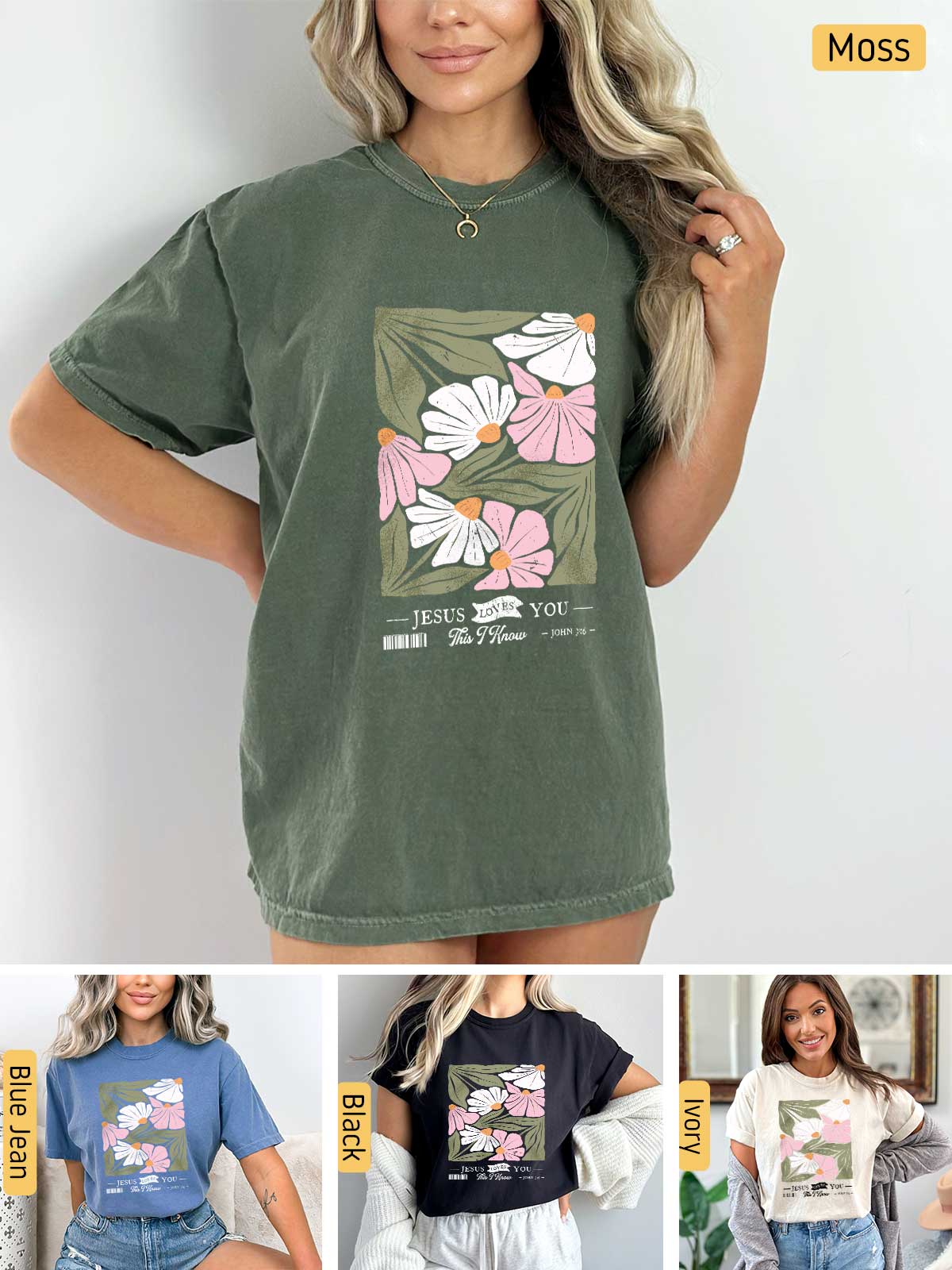 a woman wearing a t - shirt with flowers on it