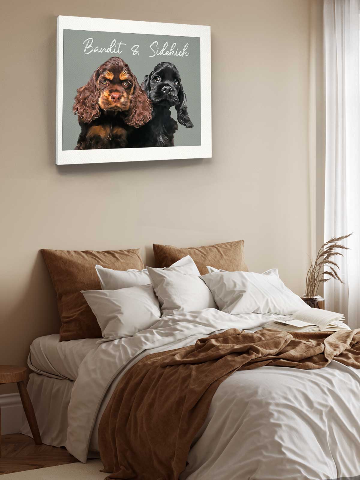 two dogs, one black and one brown, sitting together on a bed with white sheets and pillows.