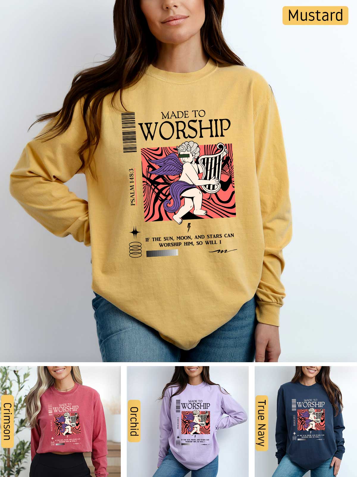 a woman wearing a sweatshirt that says made to worship