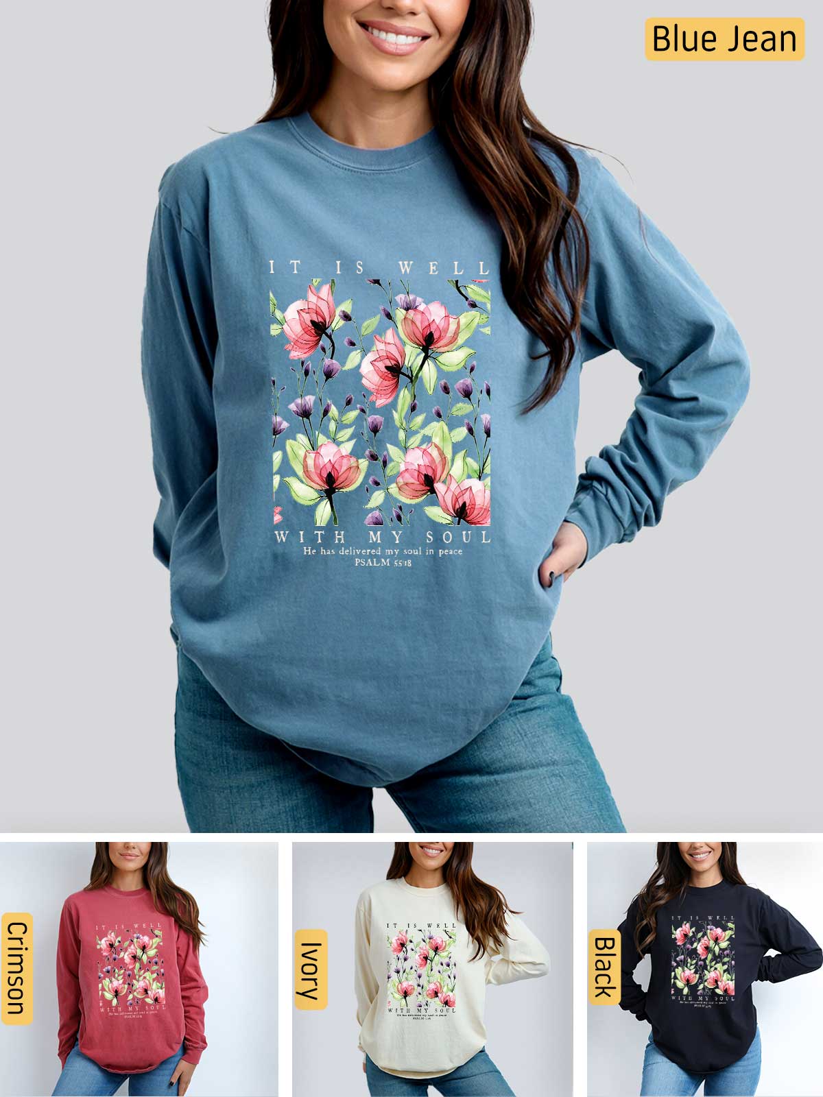 a woman wearing a blue jean sweatshirt with flowers on it