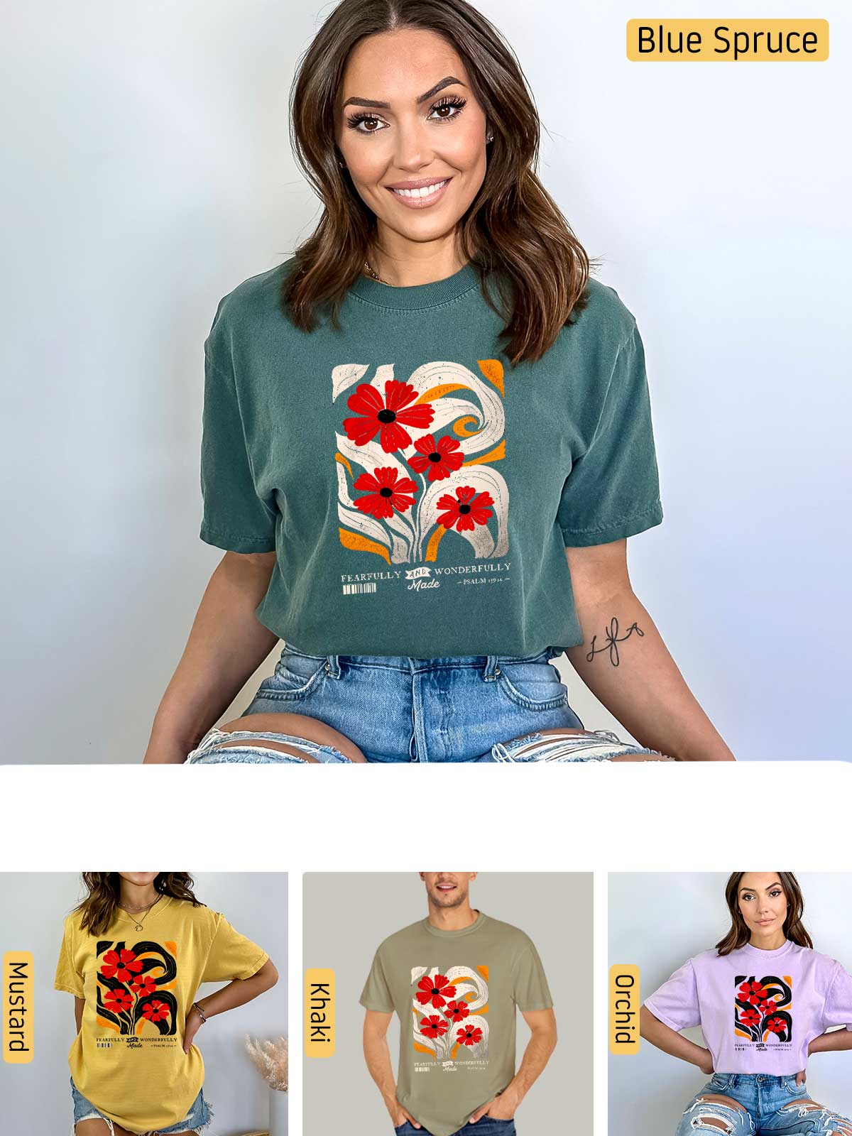 a woman wearing a t - shirt with flowers on it