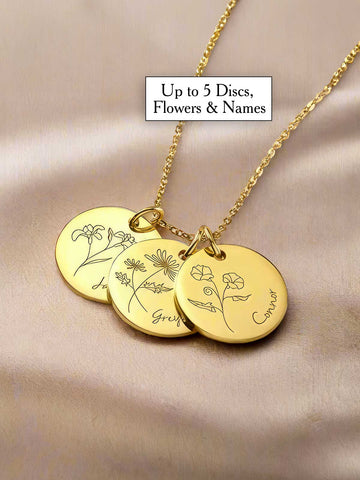 1-5 Discs Birth Flower Necklace with Kids' Names - Mom or Grandmom Gift