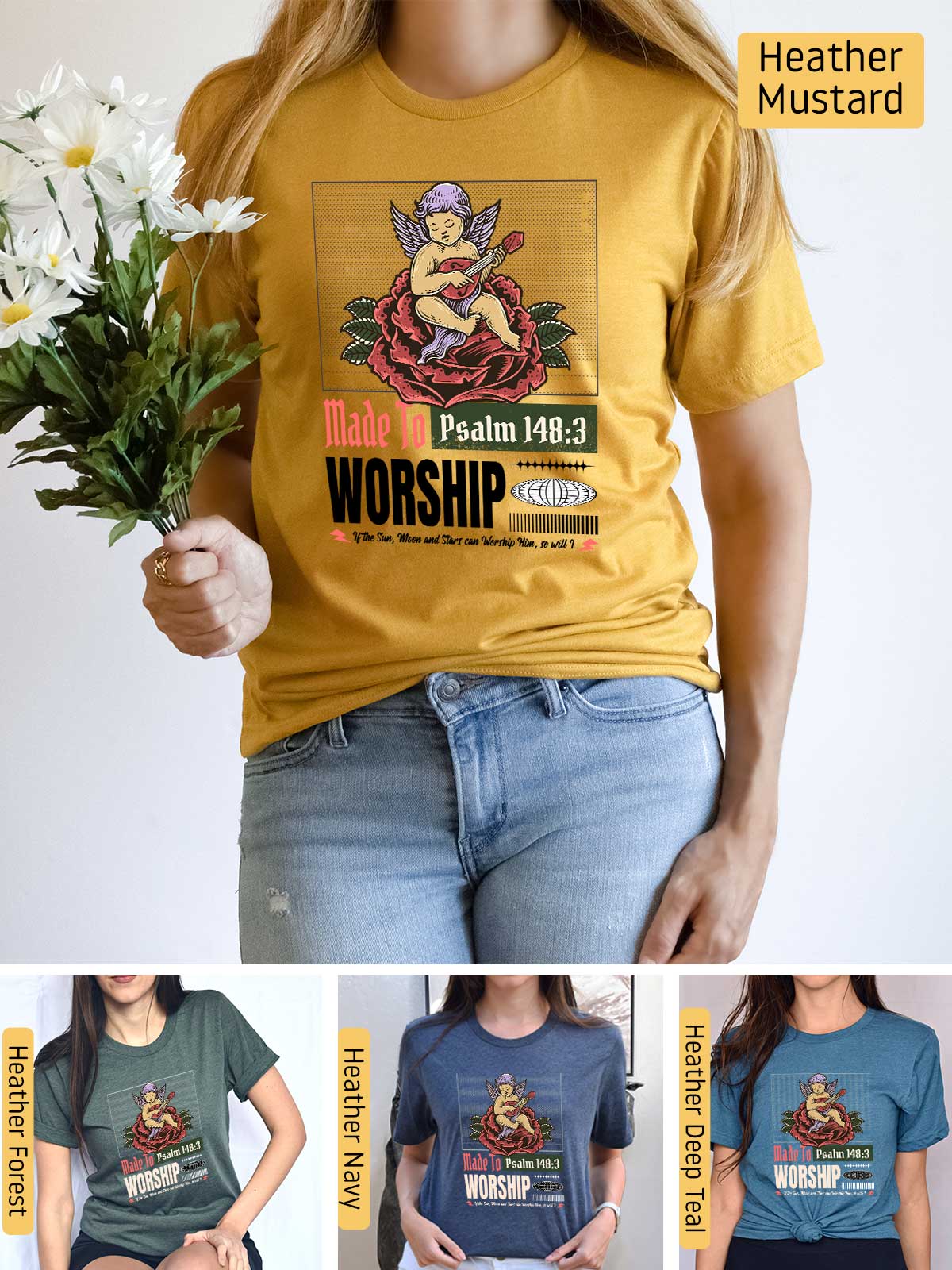 a woman wearing a t - shirt with a picture of a woman holding a flower