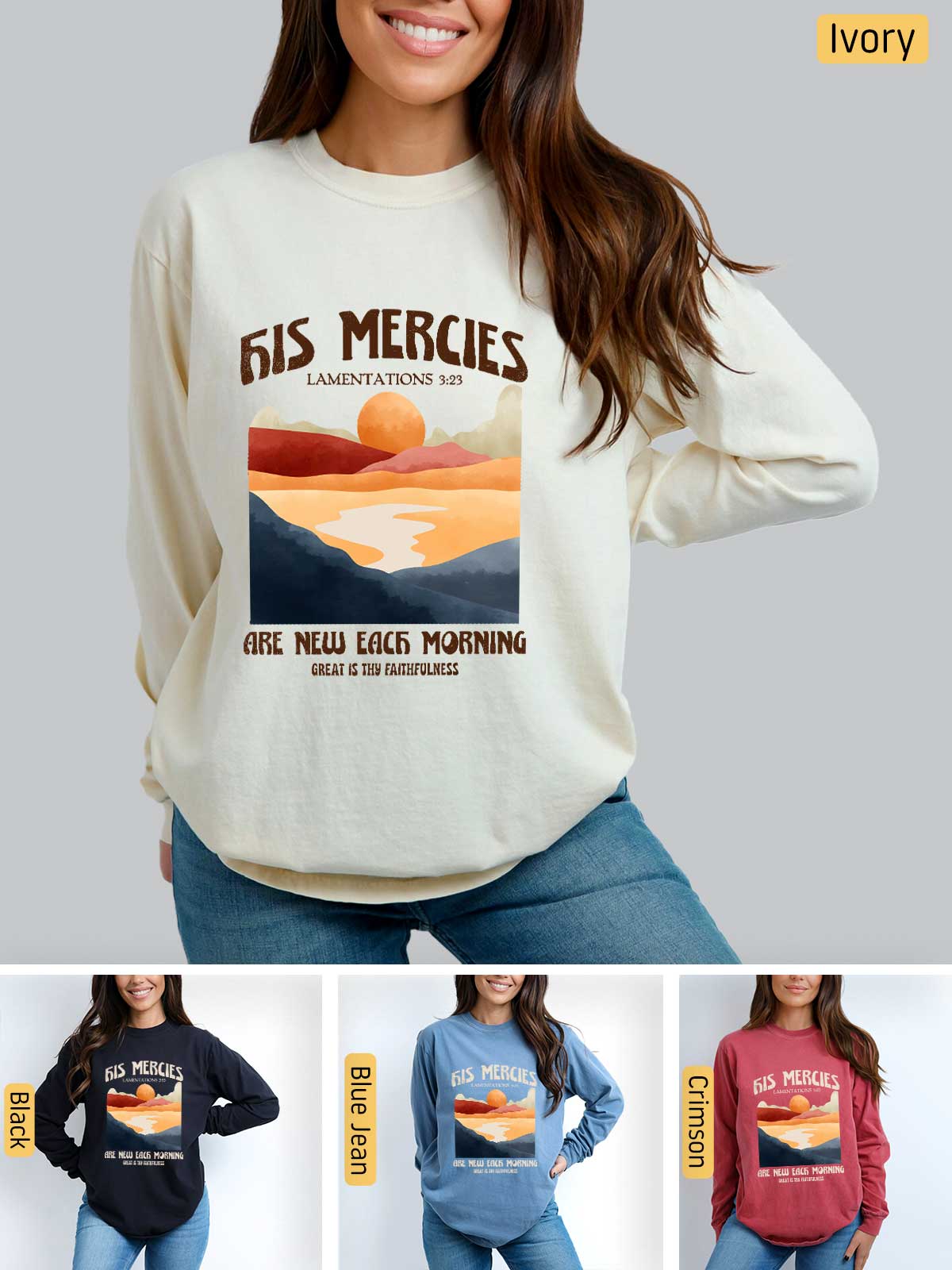 a woman wearing a sweatshirt with a picture of a sunset on it