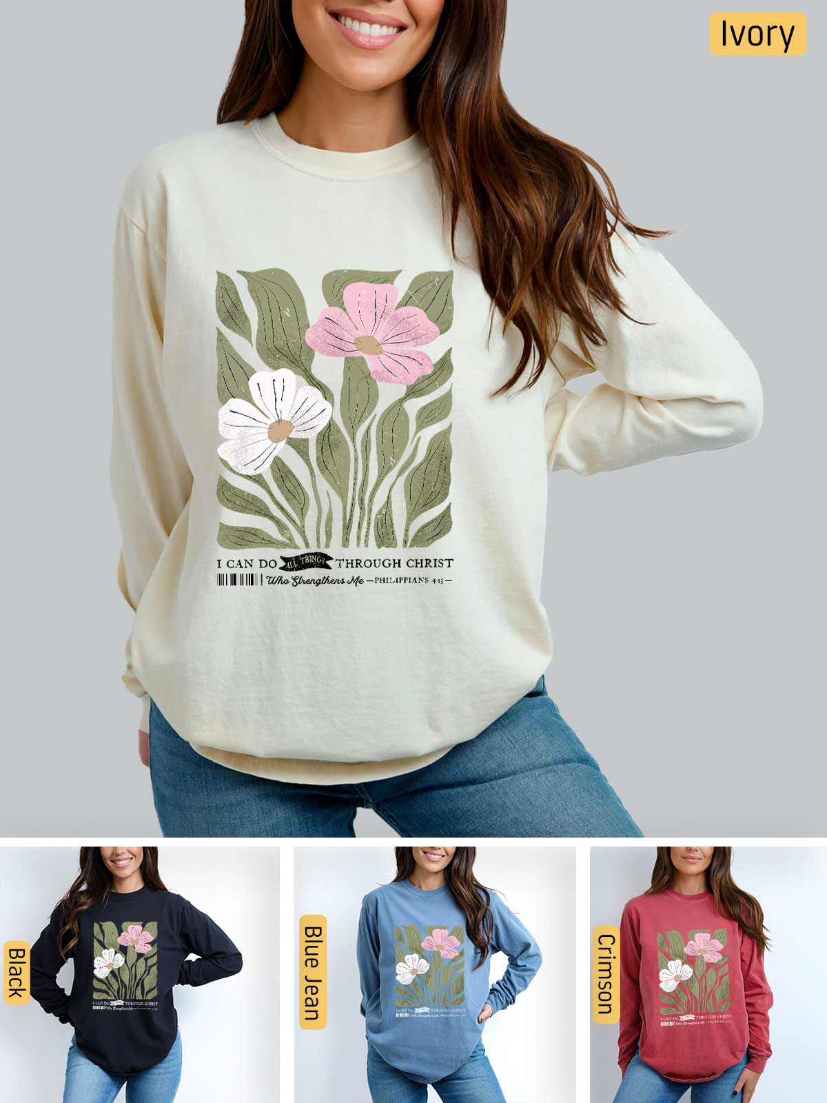 a woman wearing a sweatshirt with flowers on it