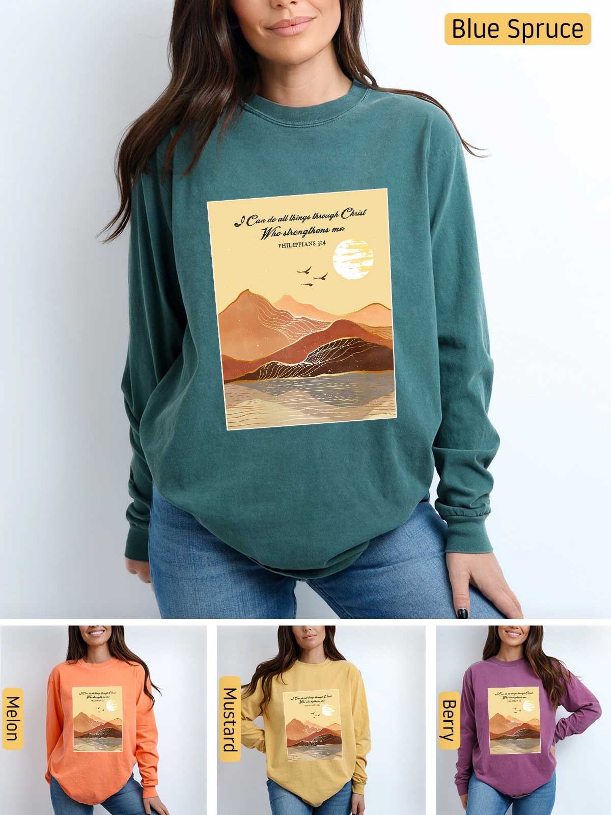 a woman wearing a sweatshirt with a picture of mountains on it