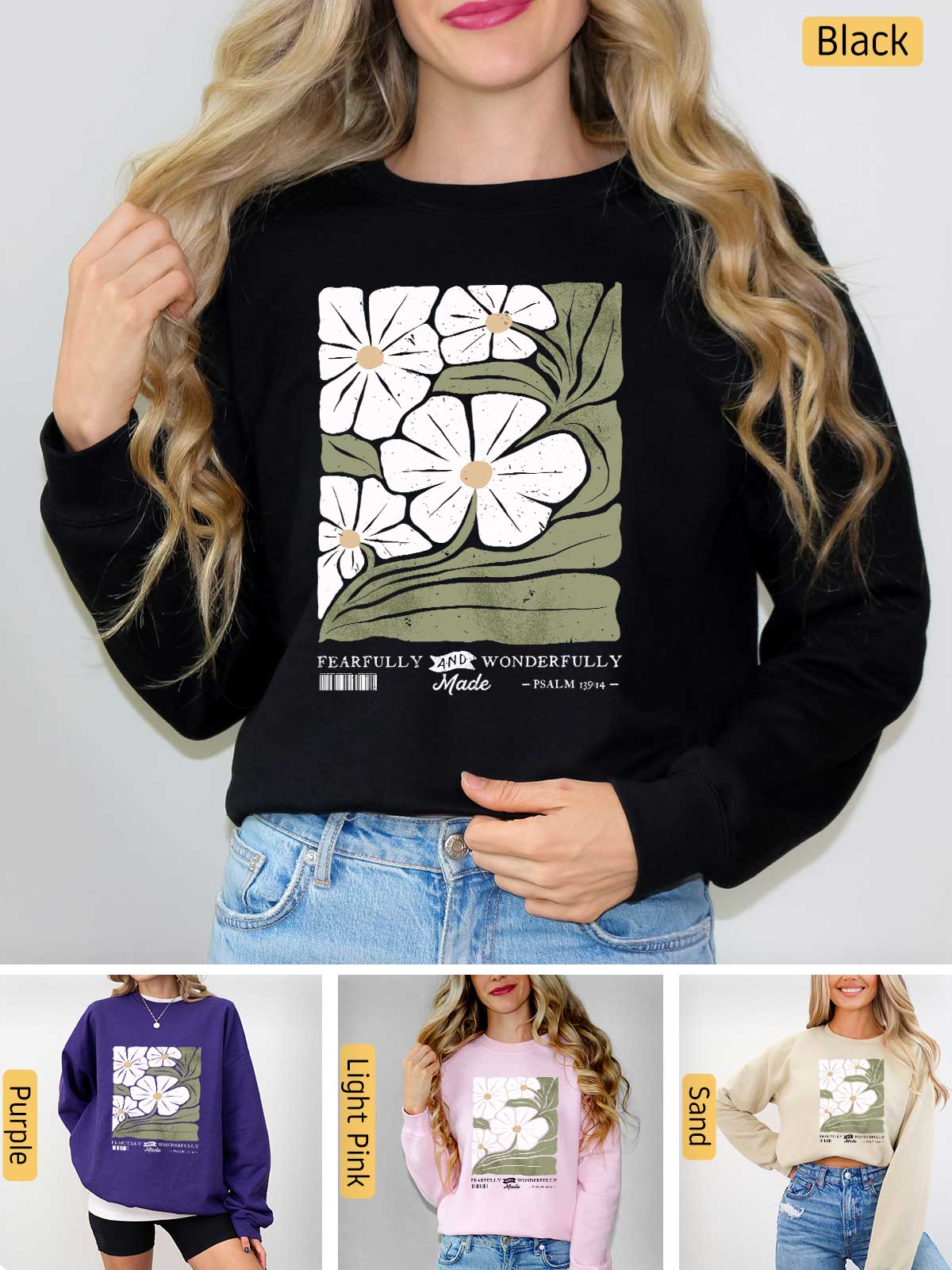 a woman wearing a sweatshirt with flowers on it