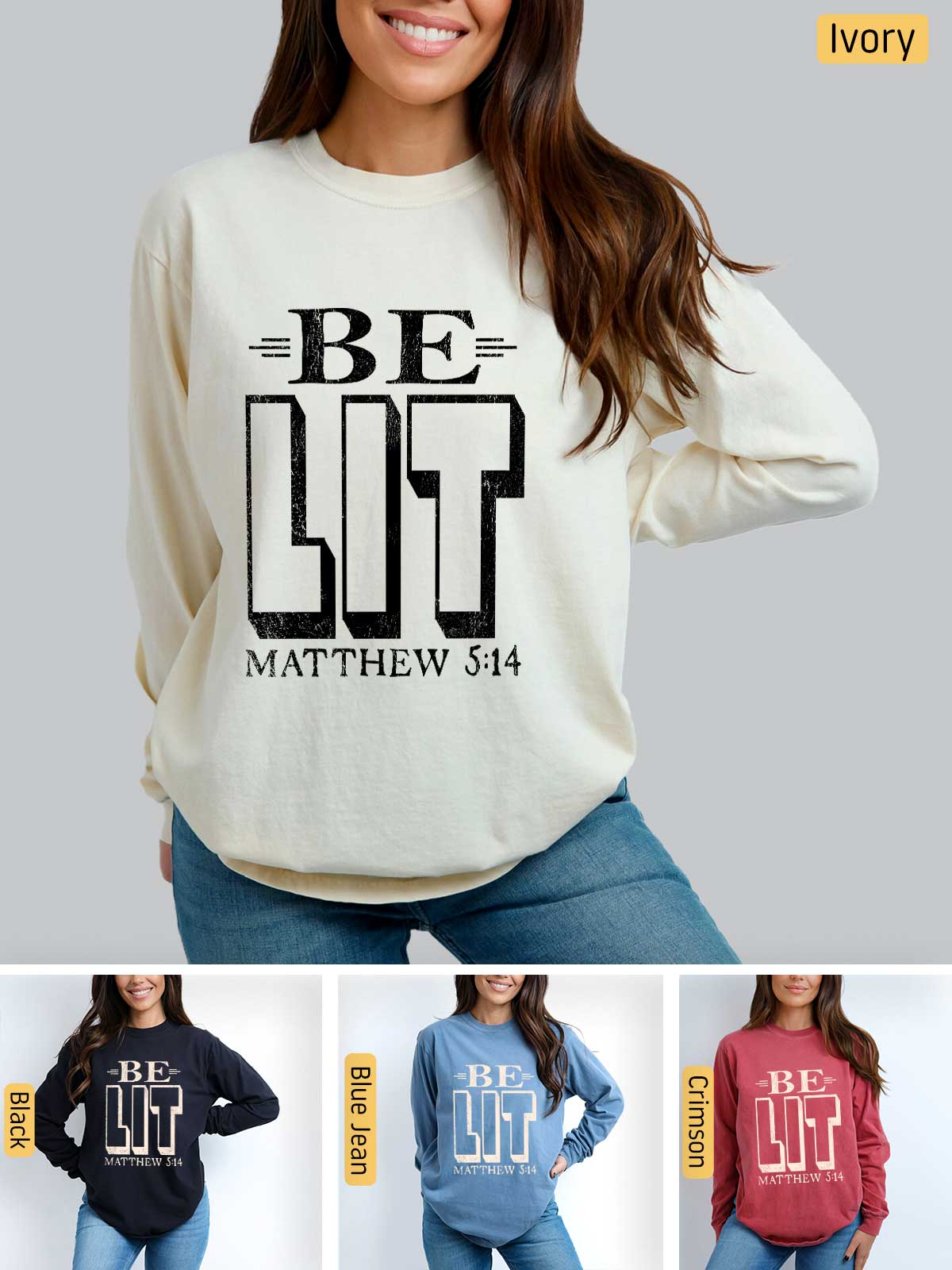 a woman wearing a sweatshirt with the words be lit on it