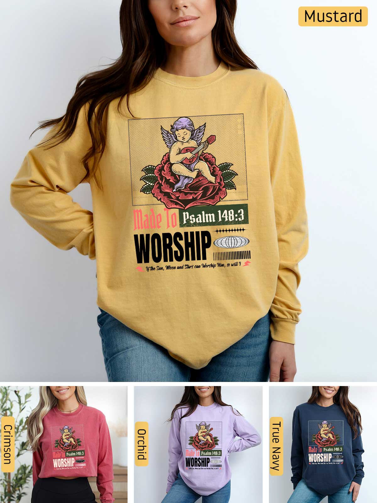 a woman wearing a sweatshirt with the words worship on it