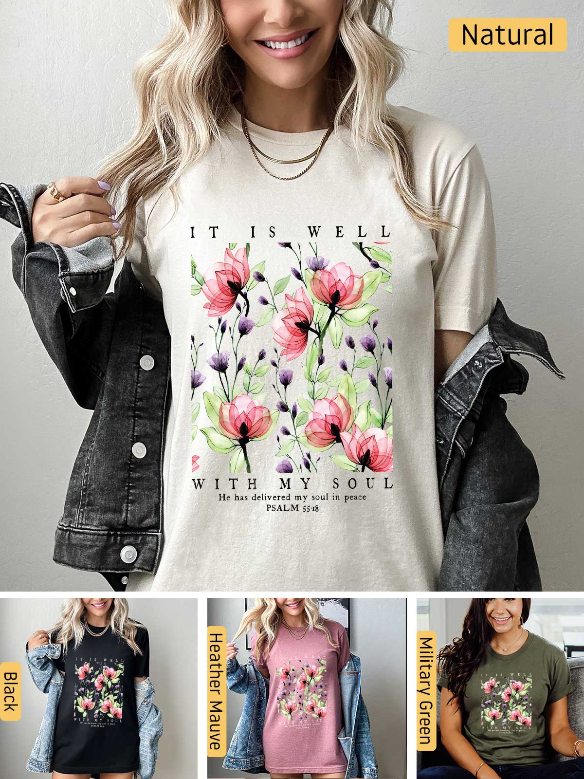 a woman wearing a t - shirt with flowers on it