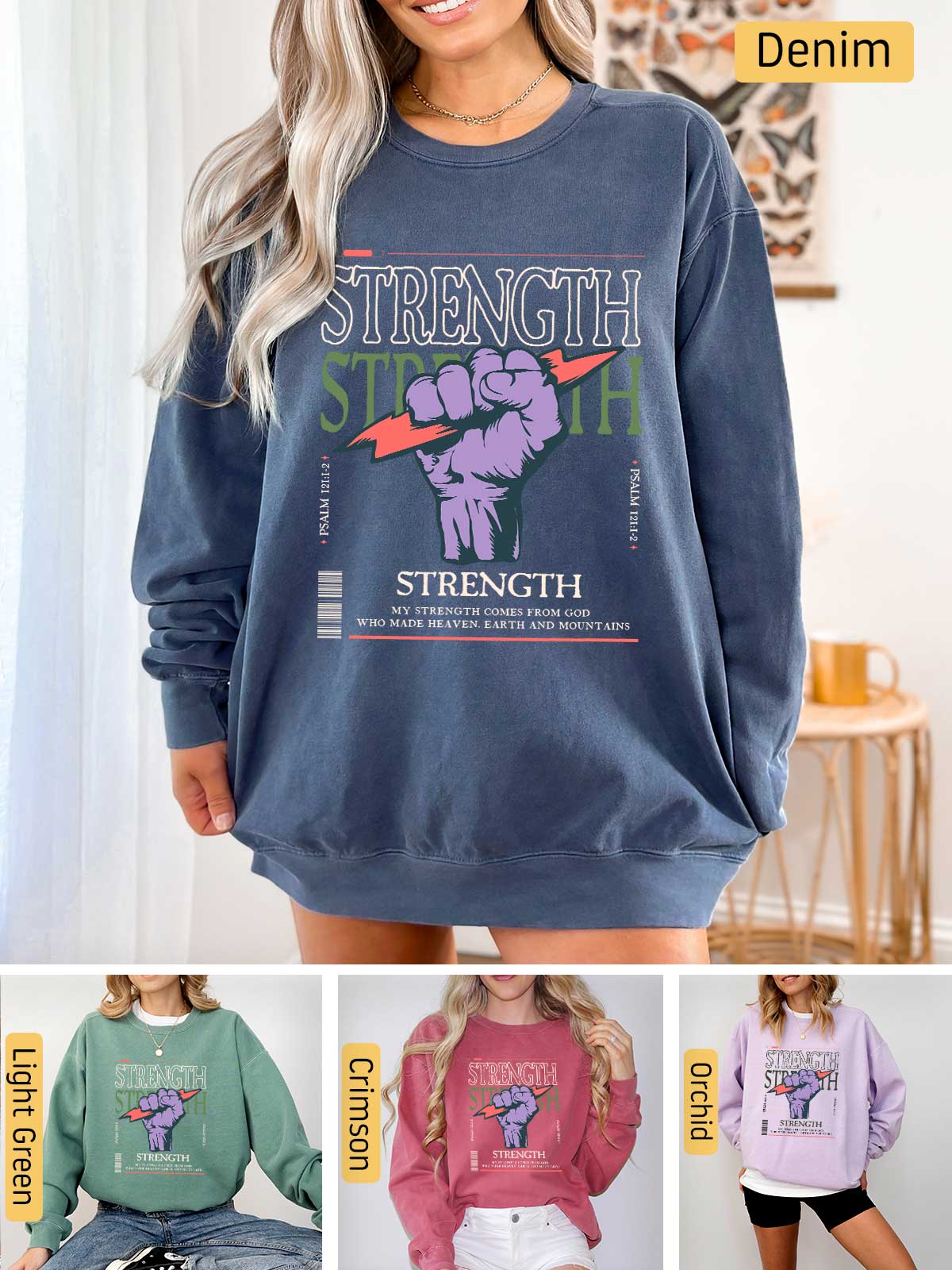 a woman wearing a sweatshirt with the words strength on it