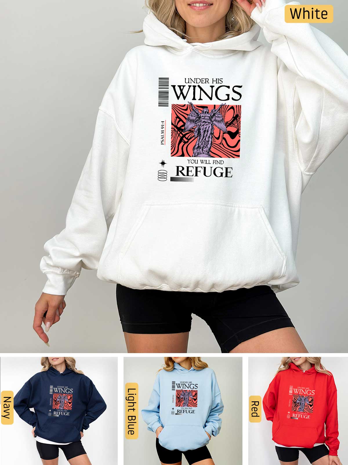 a woman wearing a sweatshirt with the words wings refuge on it