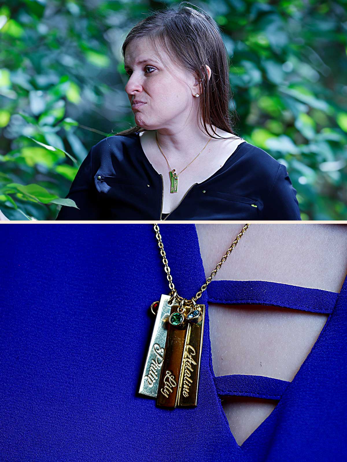 a woman wearing a blue dress and a gold necklace