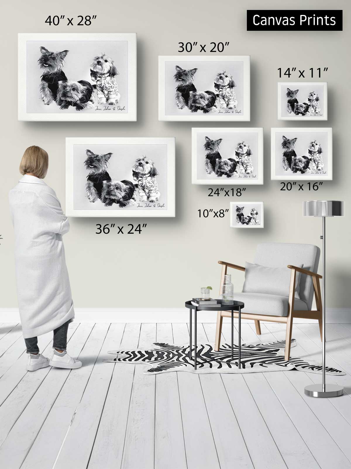 a person standing in a room, surrounded by various framed prints of dogs on the wall. The prints are of different sizes and orientations, creating a collage-like effect.
