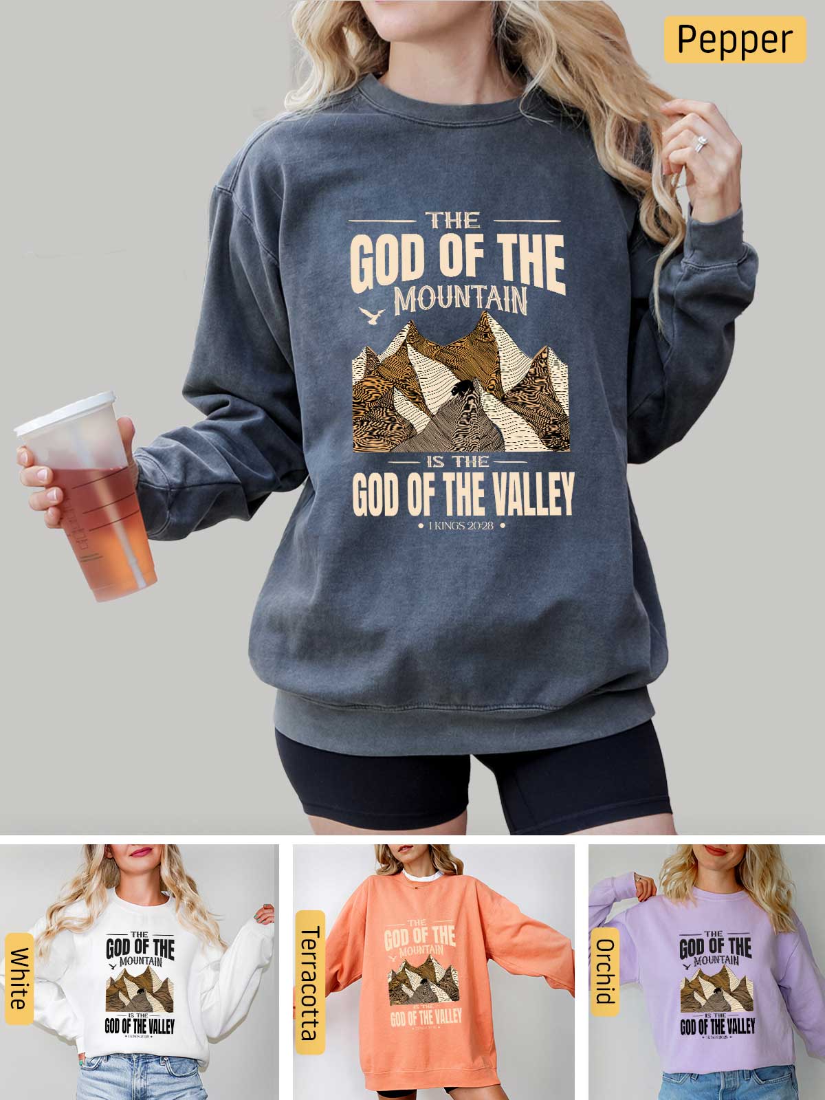 a woman wearing a sweatshirt that says god of the mountain