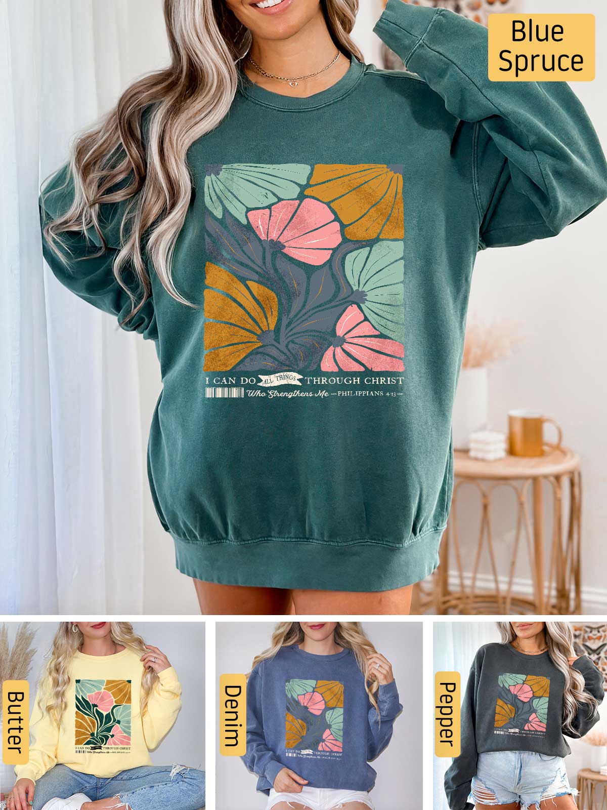 a woman wearing a sweatshirt with a tree on it