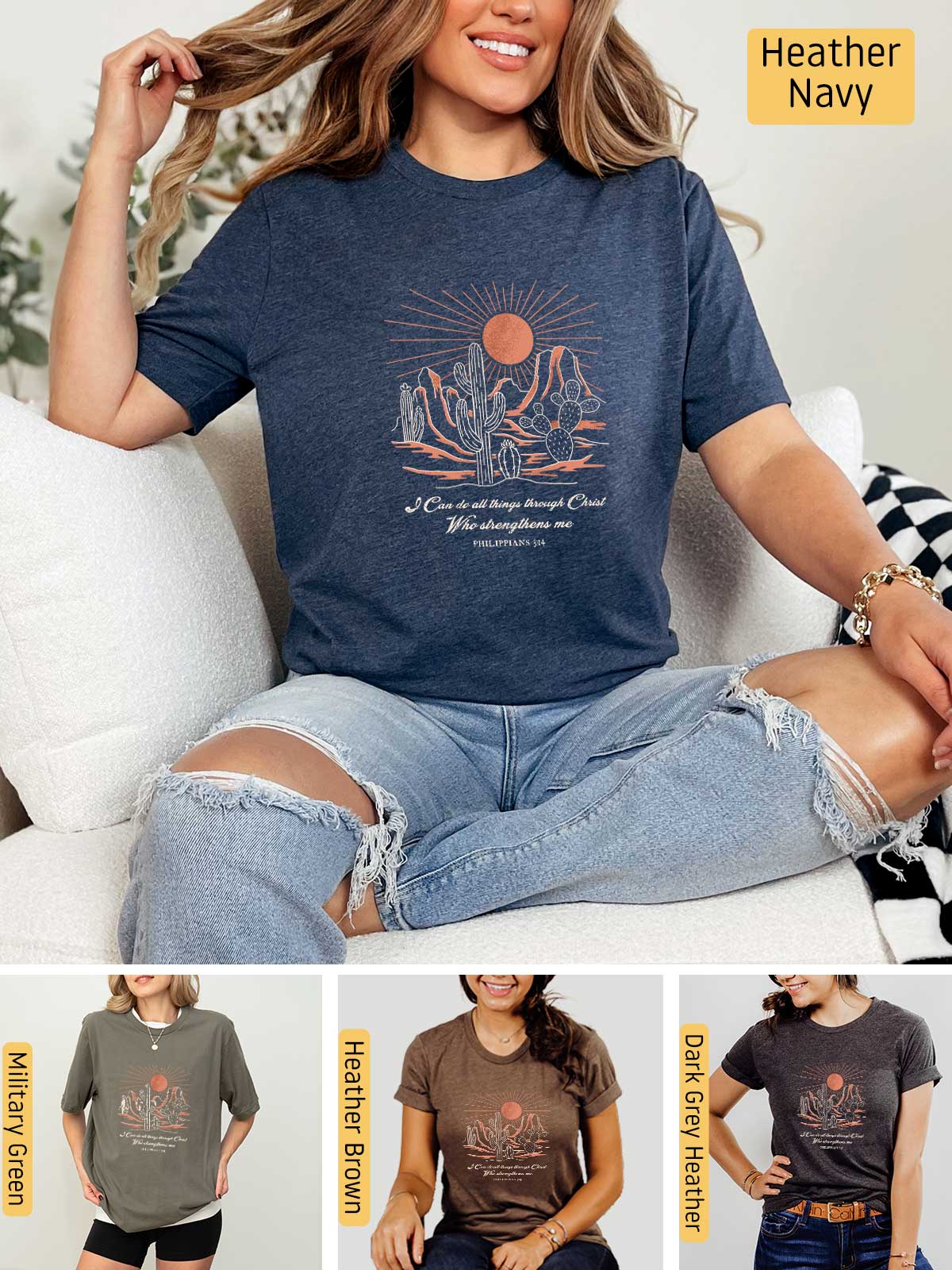 a woman sitting on top of a couch wearing a t - shirt