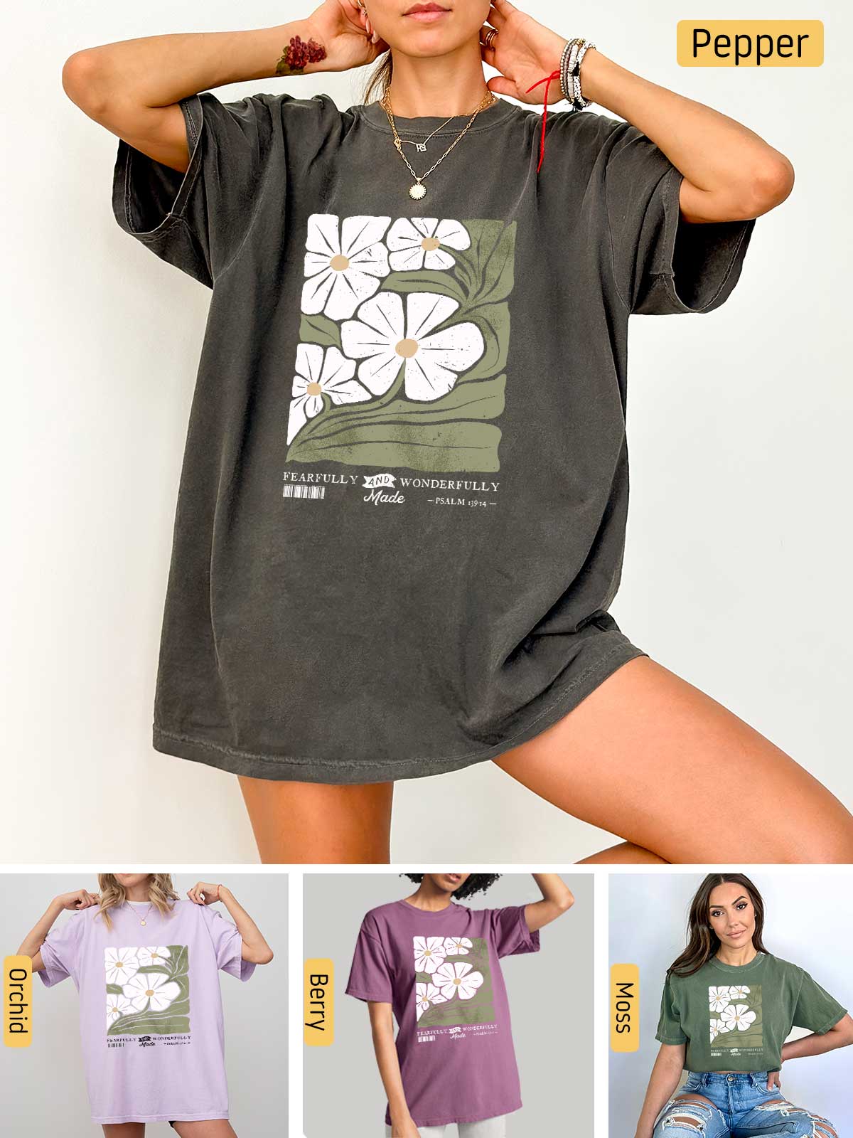 a woman wearing a t - shirt with flowers on it