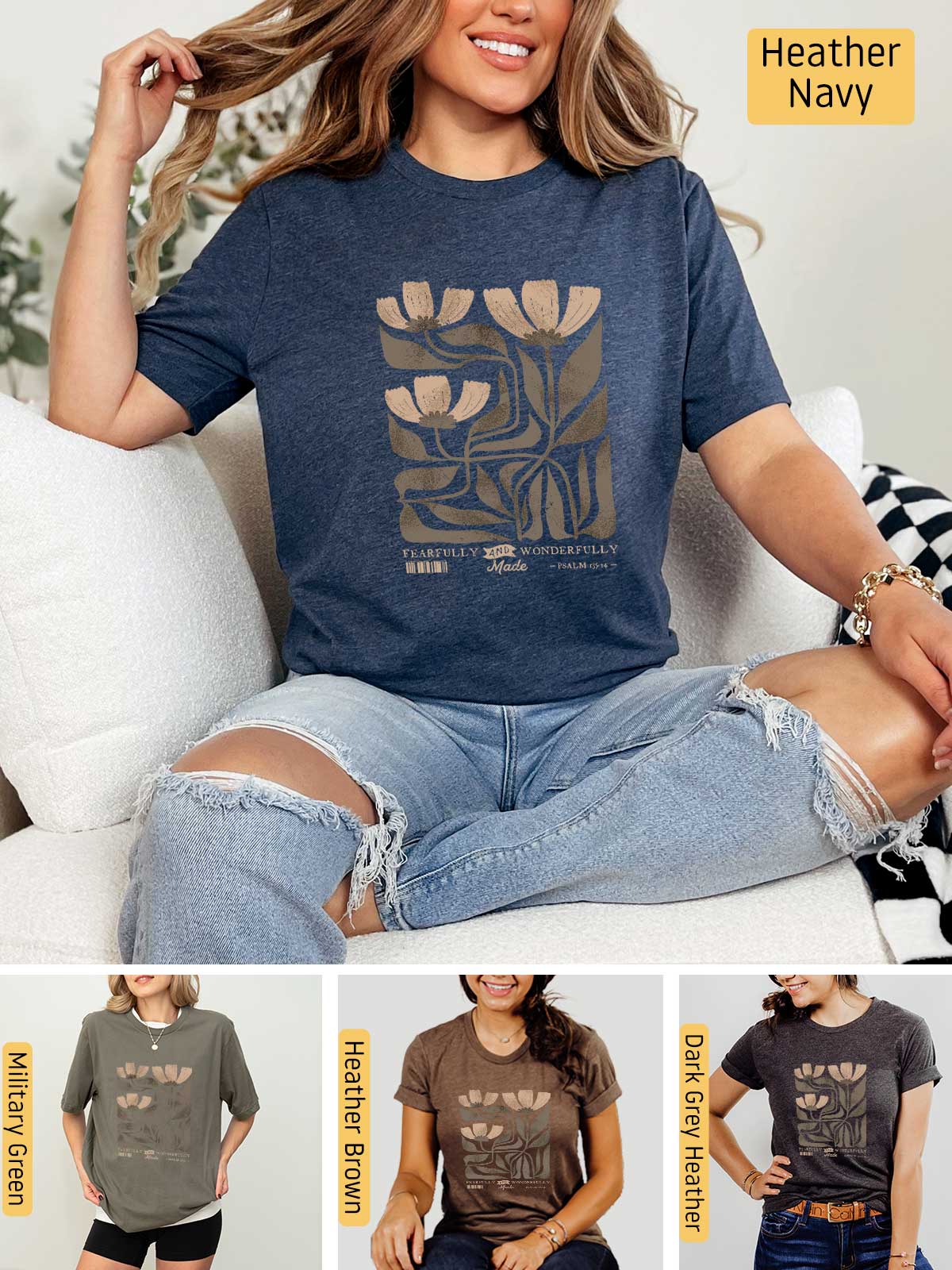 a woman sitting on top of a couch wearing a t - shirt