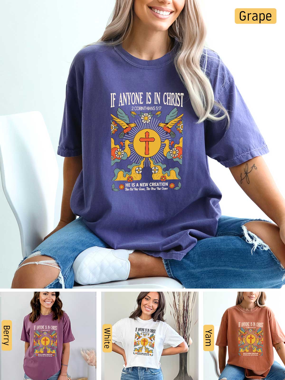 a woman wearing a t - shirt that says if anyone is in christ