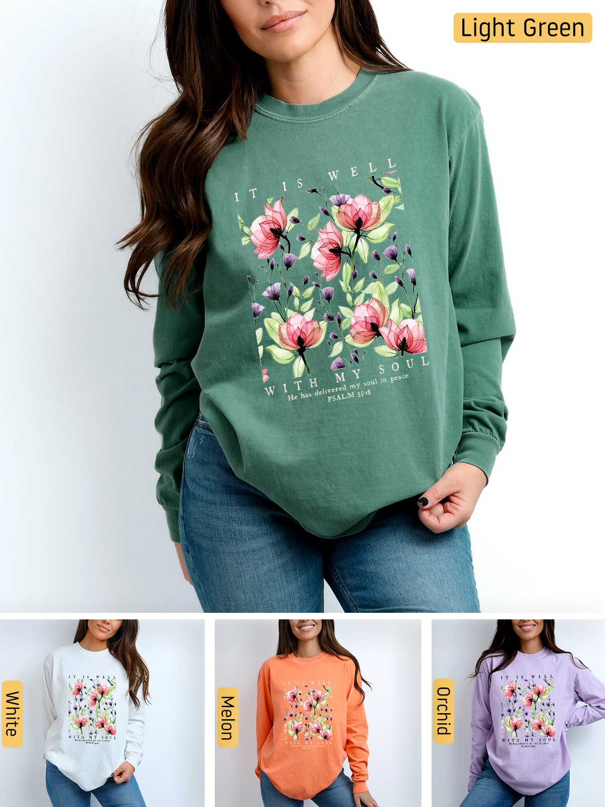 a woman wearing a sweatshirt with flowers on it