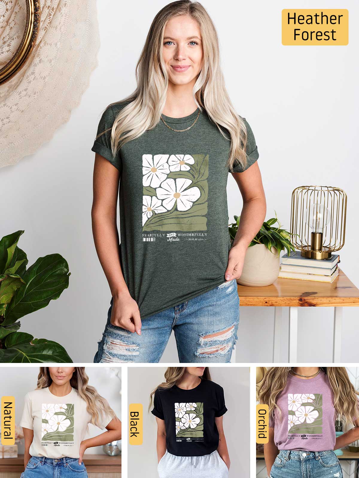 a woman wearing a t - shirt with flowers on it