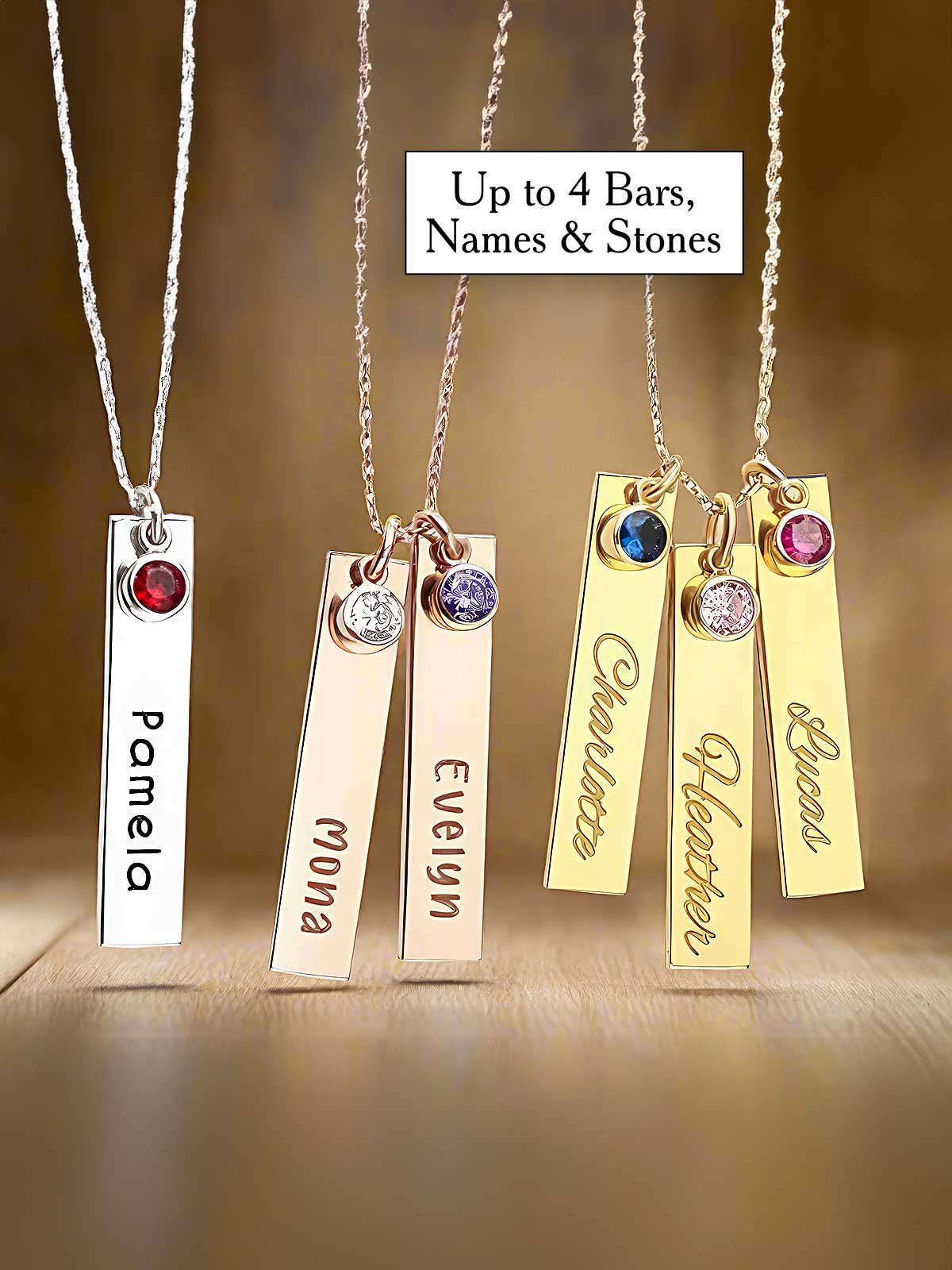 three different necklaces with names on them