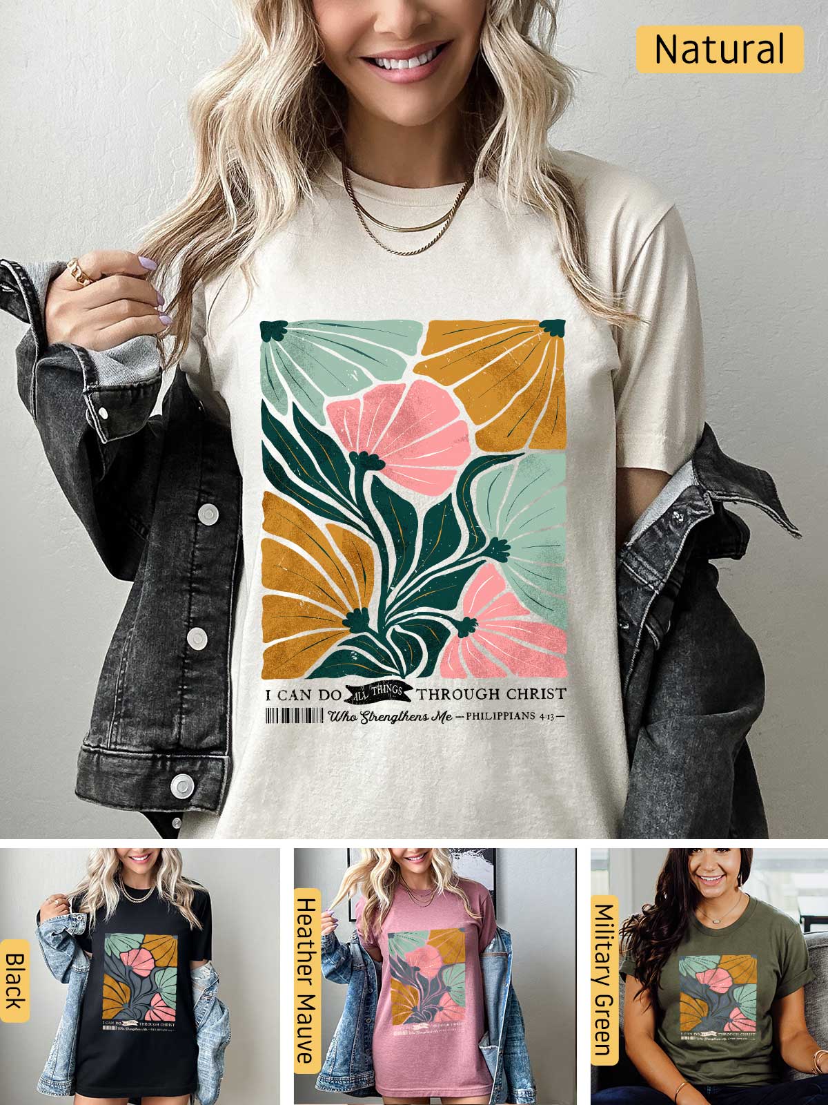 a woman wearing a t - shirt with flowers on it