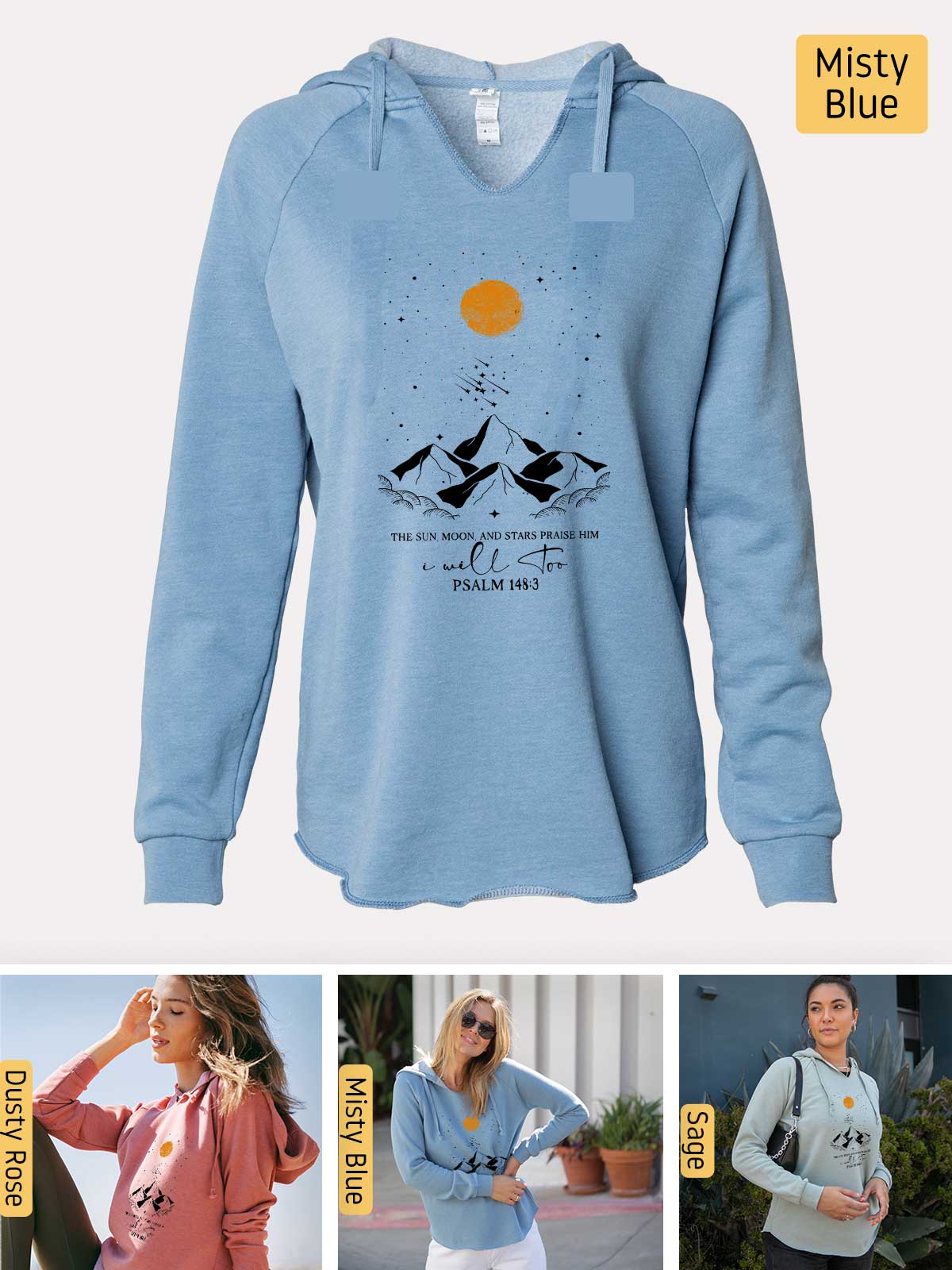 a woman wearing a blue sweatshirt with a bird on it