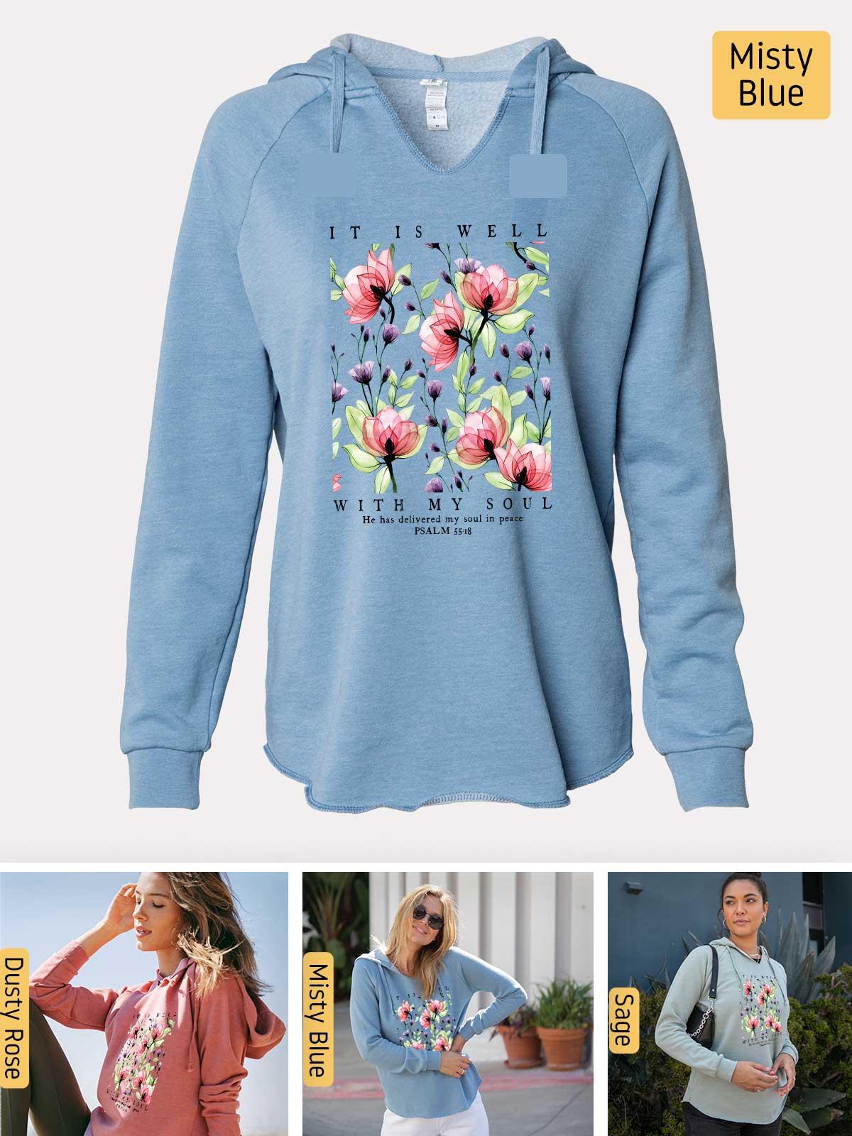 a blue hoodie with flowers on it