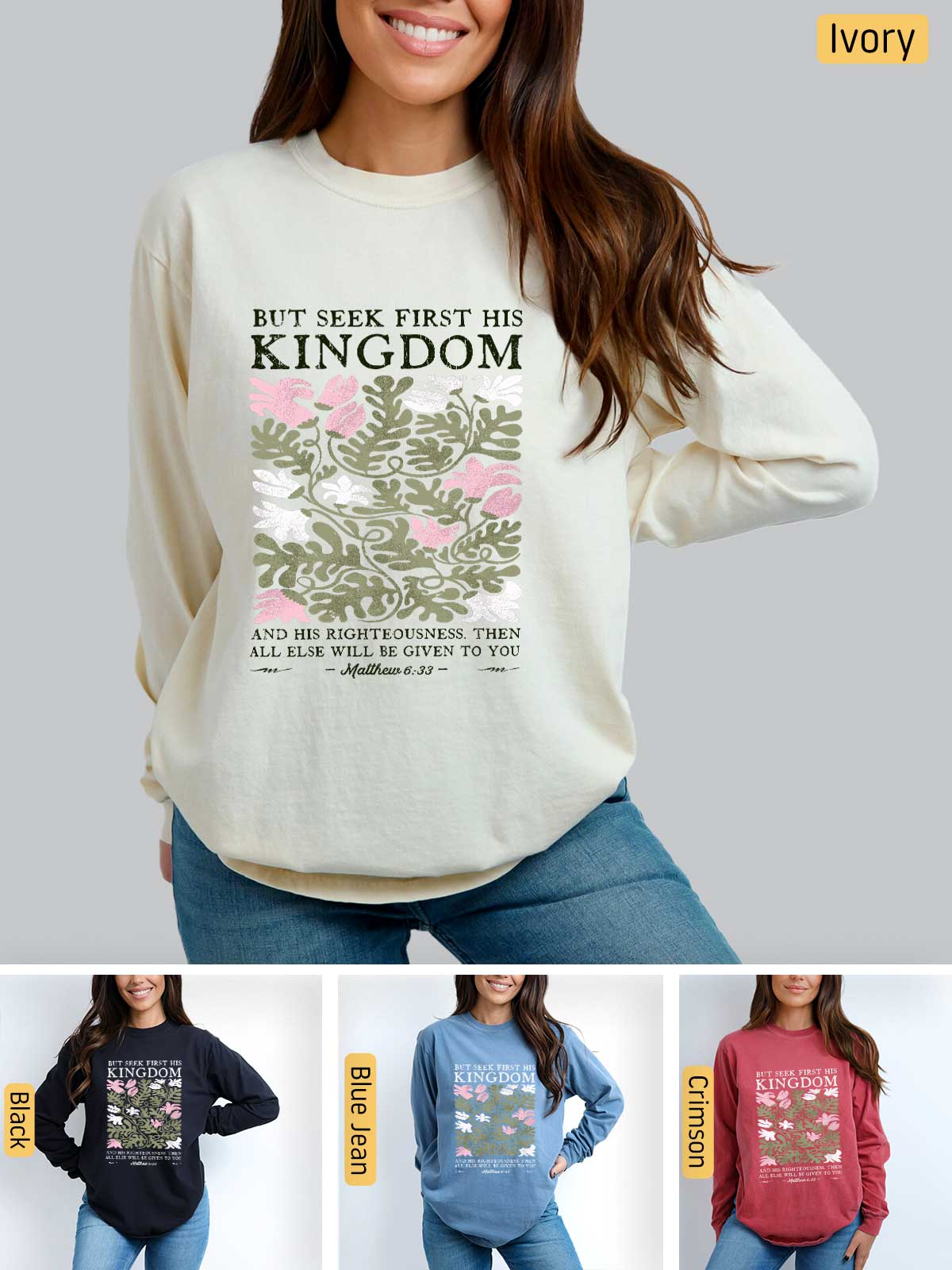 a woman wearing a sweatshirt with the words, put peek first in kingdom on it