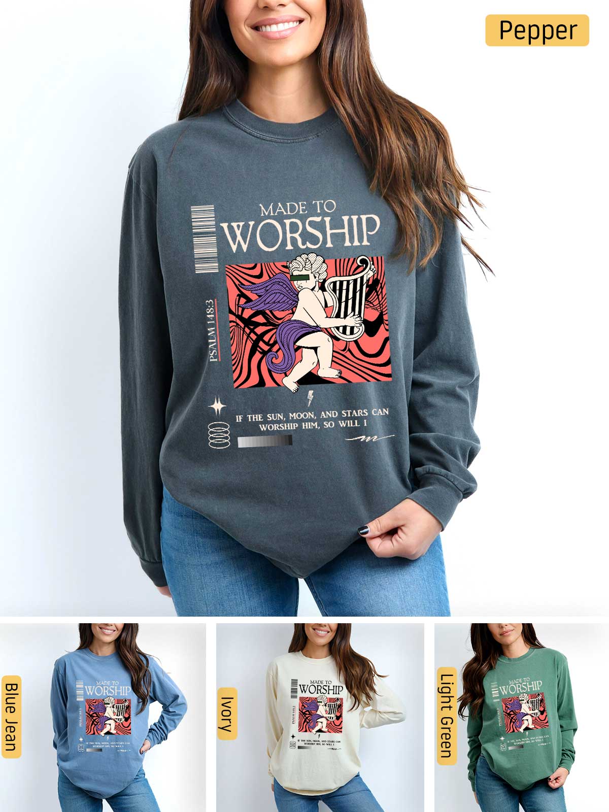 a woman wearing a sweatshirt with the words worship on it