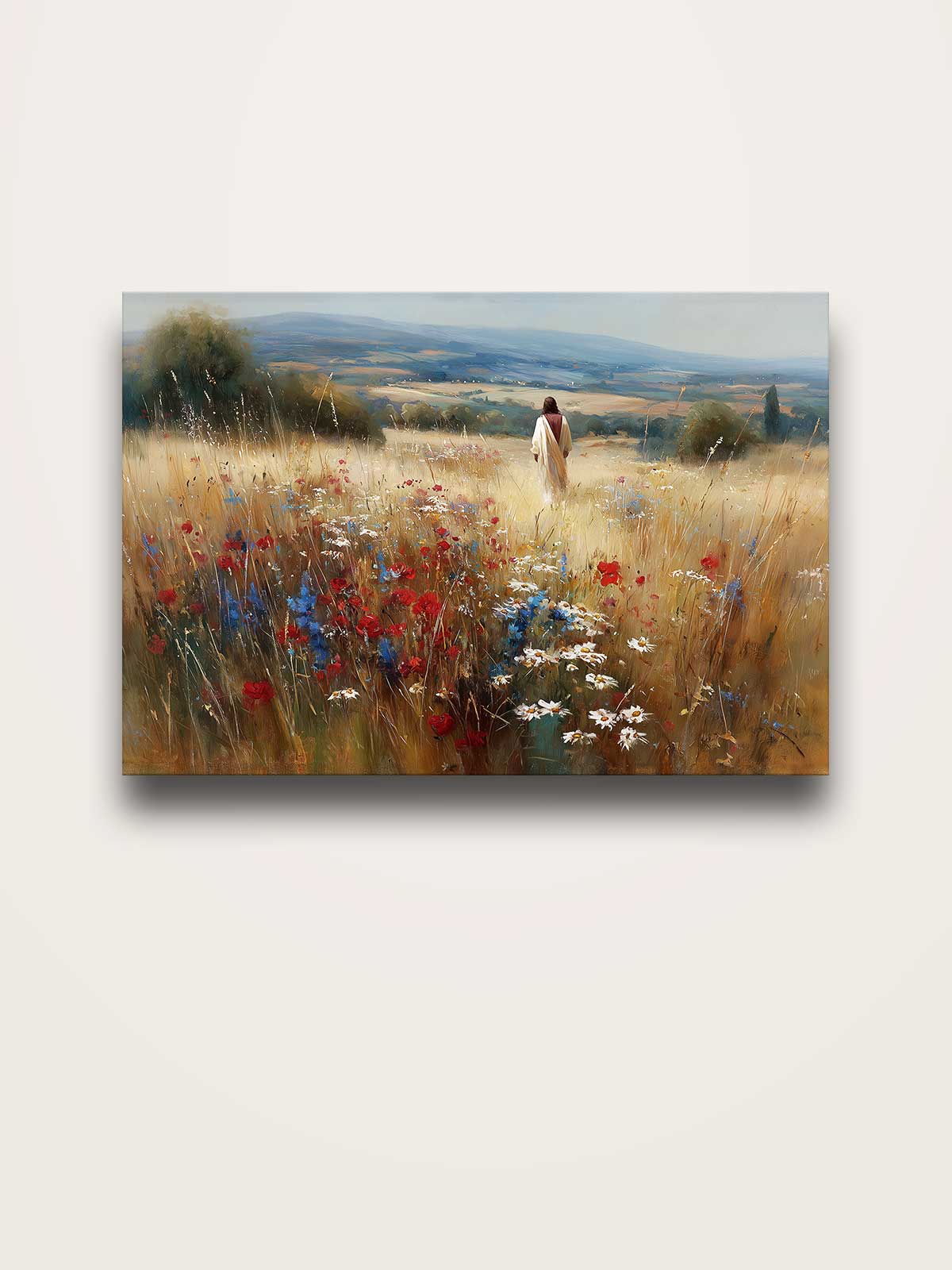 a person walking through a field of tall grass and wildflowers, with a serene landscape in the background.