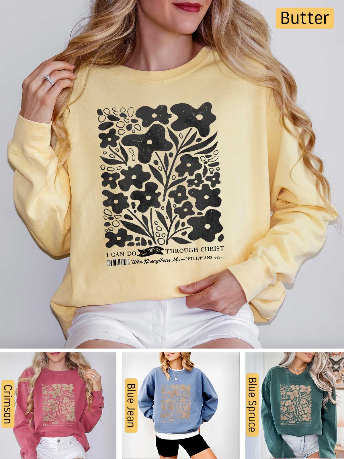 a woman wearing a sweatshirt with a tree on it