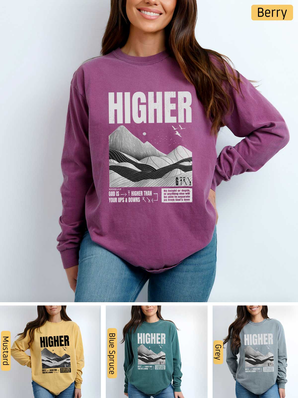 a woman wearing a sweatshirt with the words higher printed on it