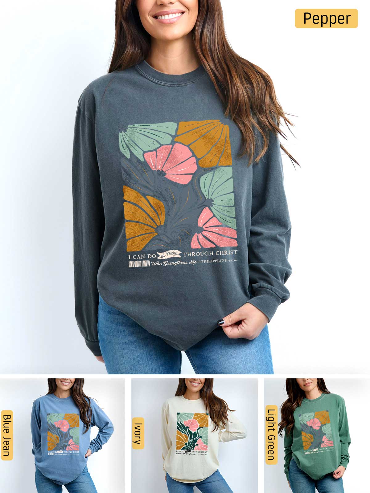 a woman wearing a sweatshirt with a flower on it