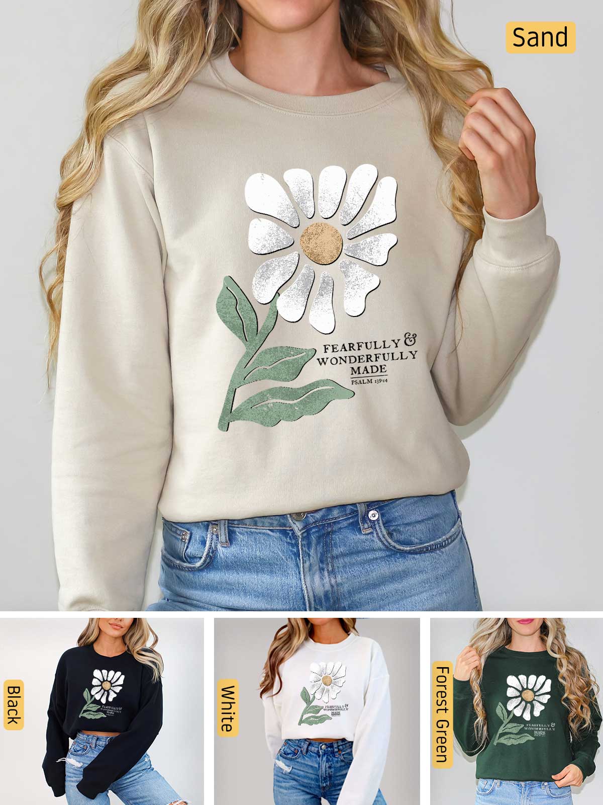 a woman wearing a sweatshirt with a flower on it