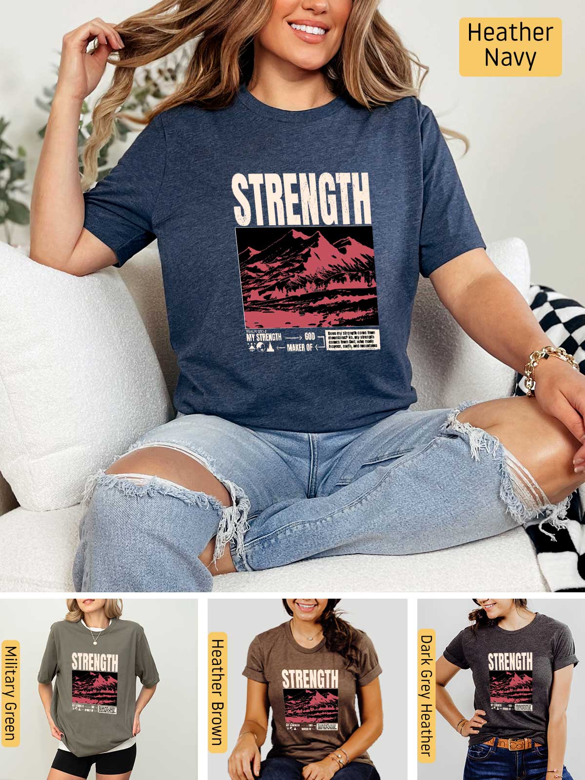 a woman sitting on a couch wearing a shirt that says strength