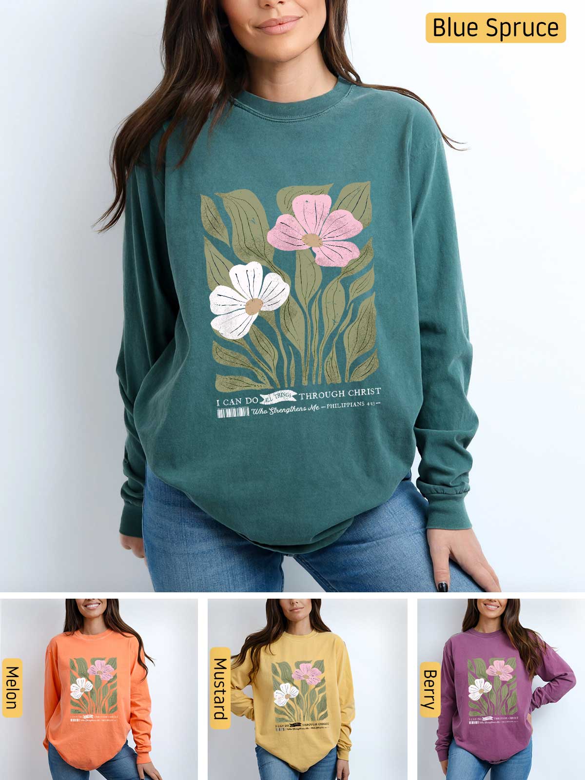 a woman wearing a sweatshirt with flowers on it