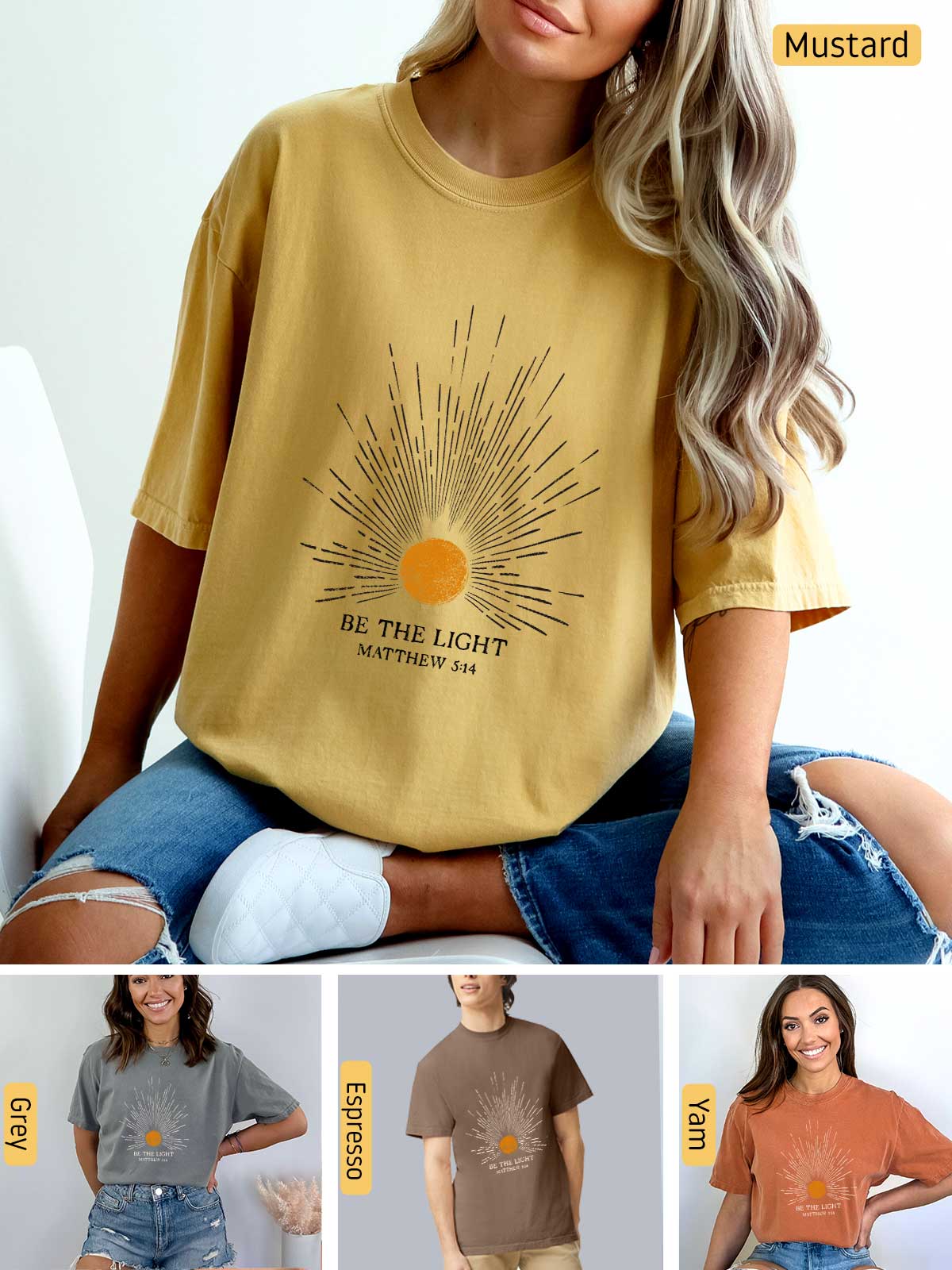 a woman wearing a mustard colored t - shirt with a sun graphic on the front