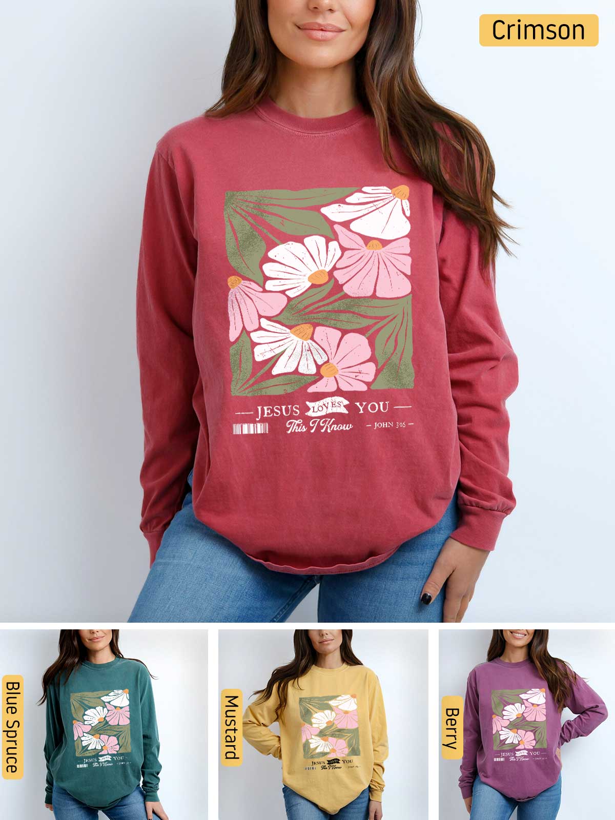 a woman wearing a sweatshirt with flowers on it