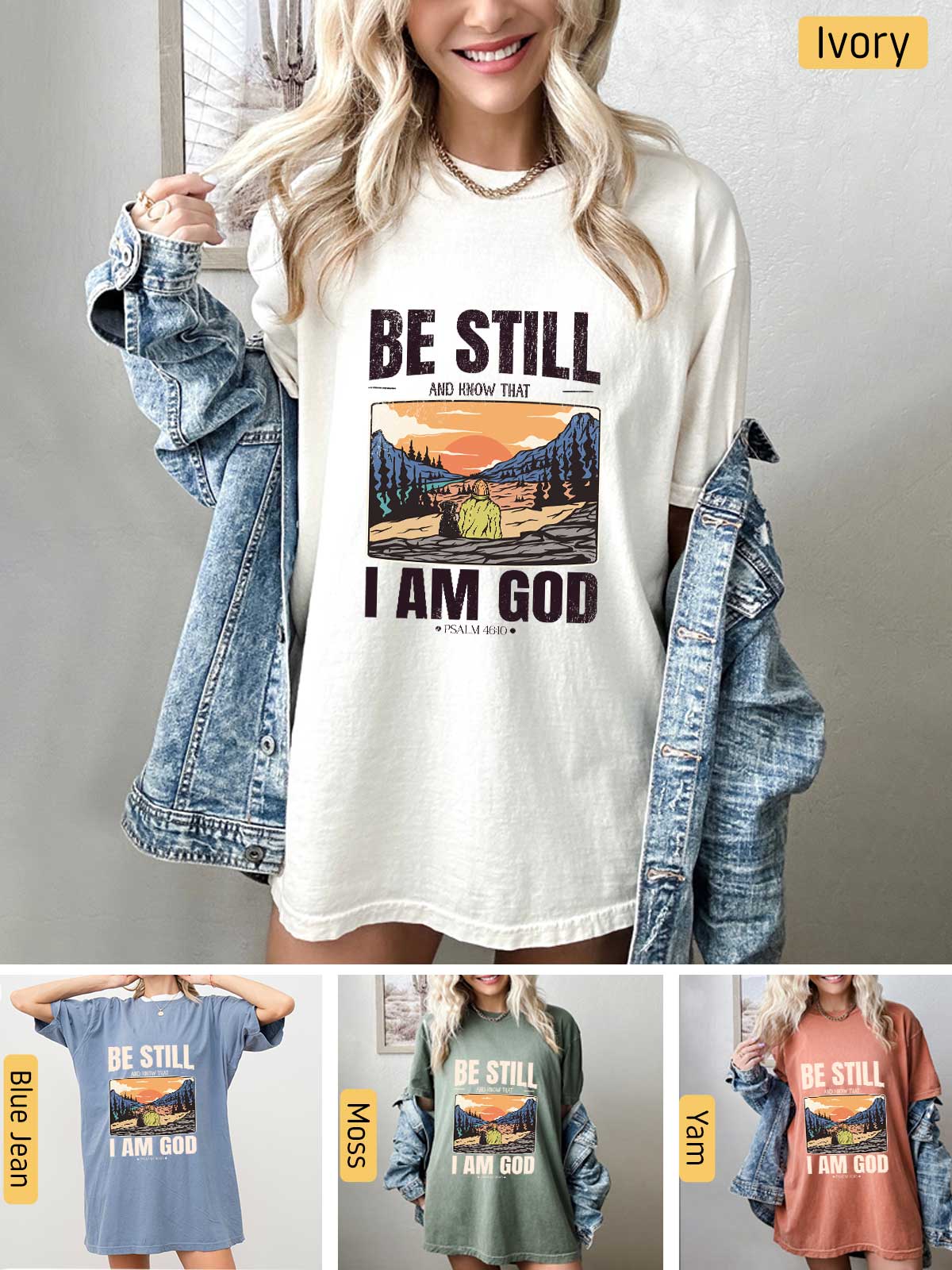 a woman wearing a shirt that says be still i am god